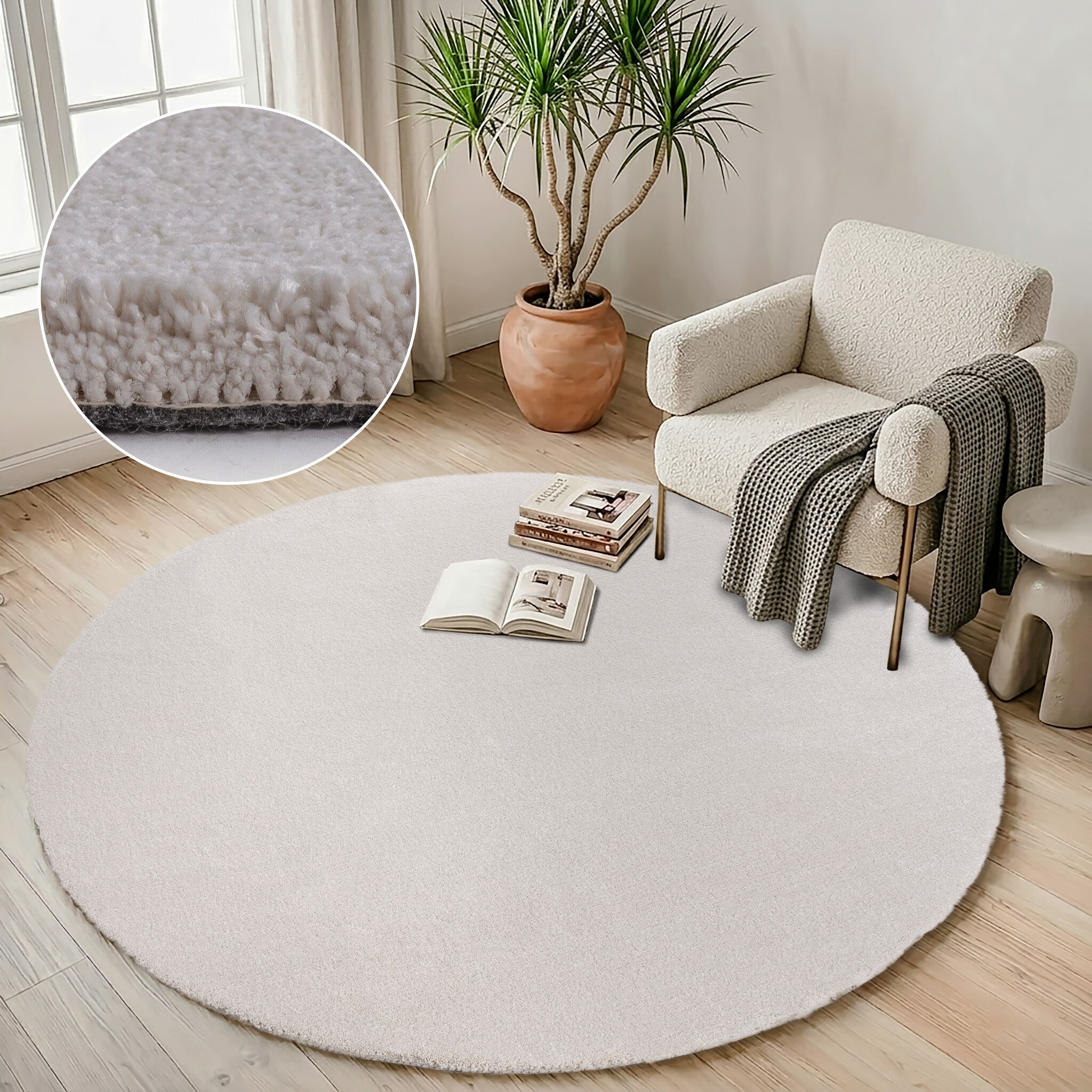 Comfy Premium - Rond Luxe Effen Vloerkleed Wasbaar Uni Creme