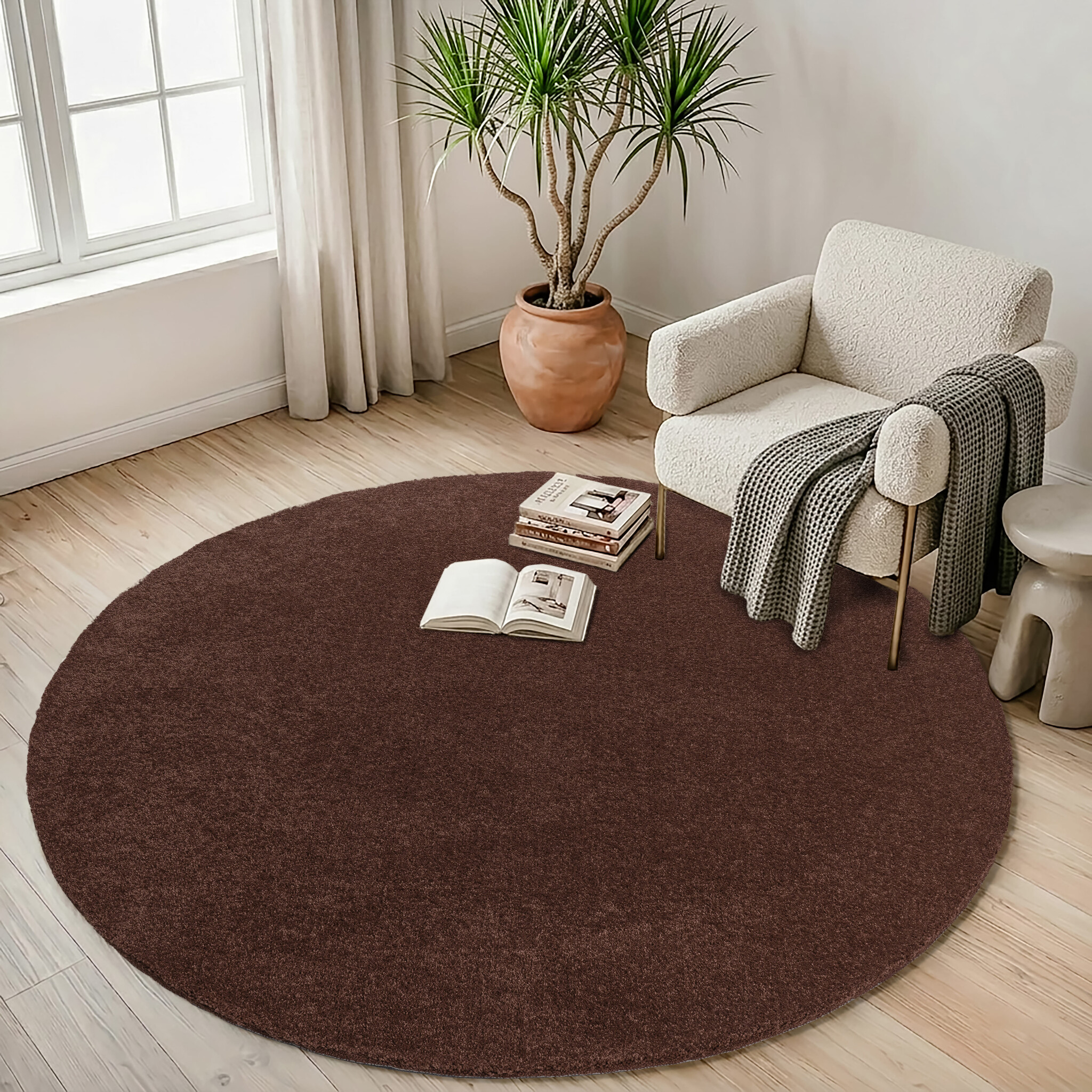 Comfy Premium - Rond Luxe Effen Vloerkleed Wasbaar Uni Terra