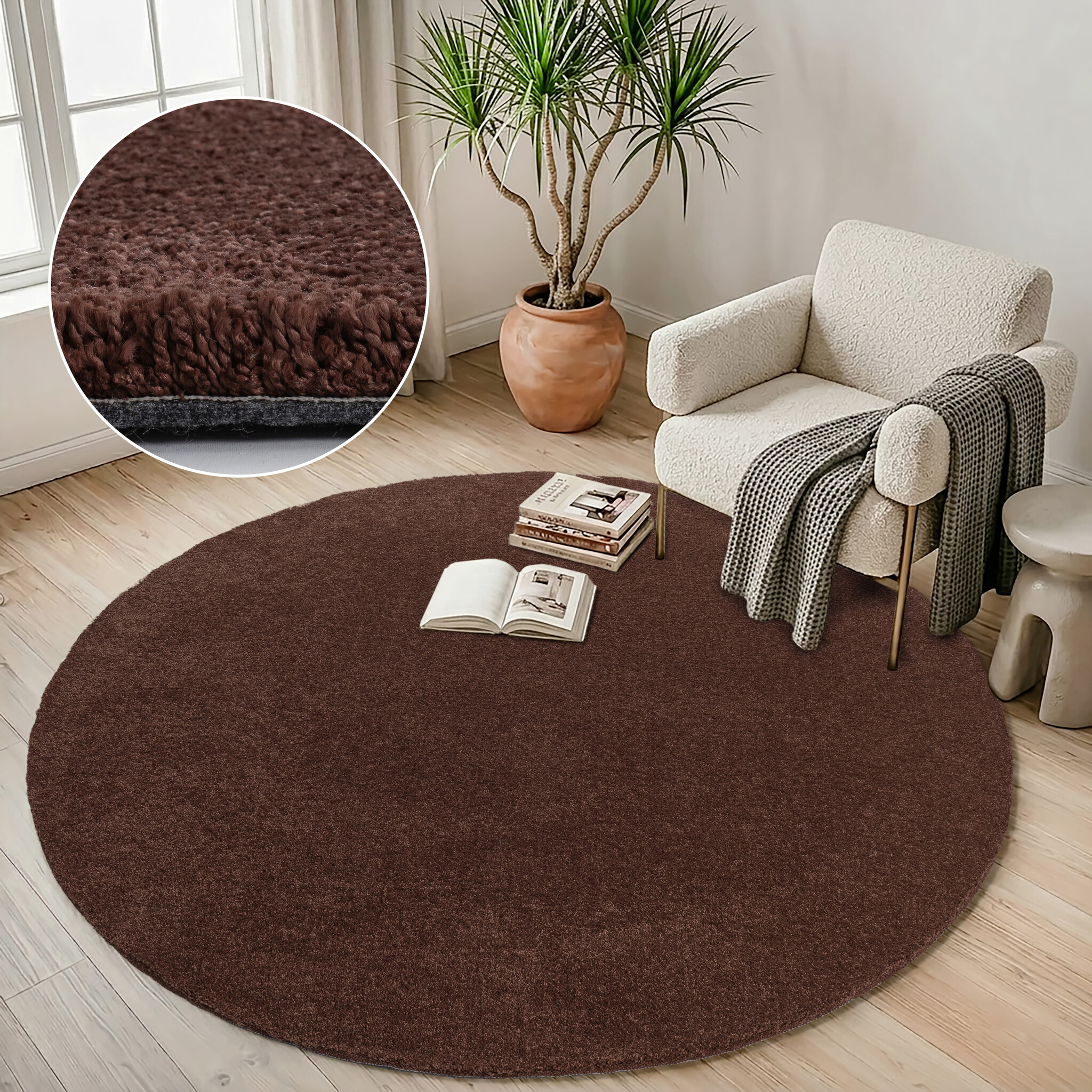 Comfy Premium - Rond Luxe Effen Vloerkleed Wasbaar Uni Terra
