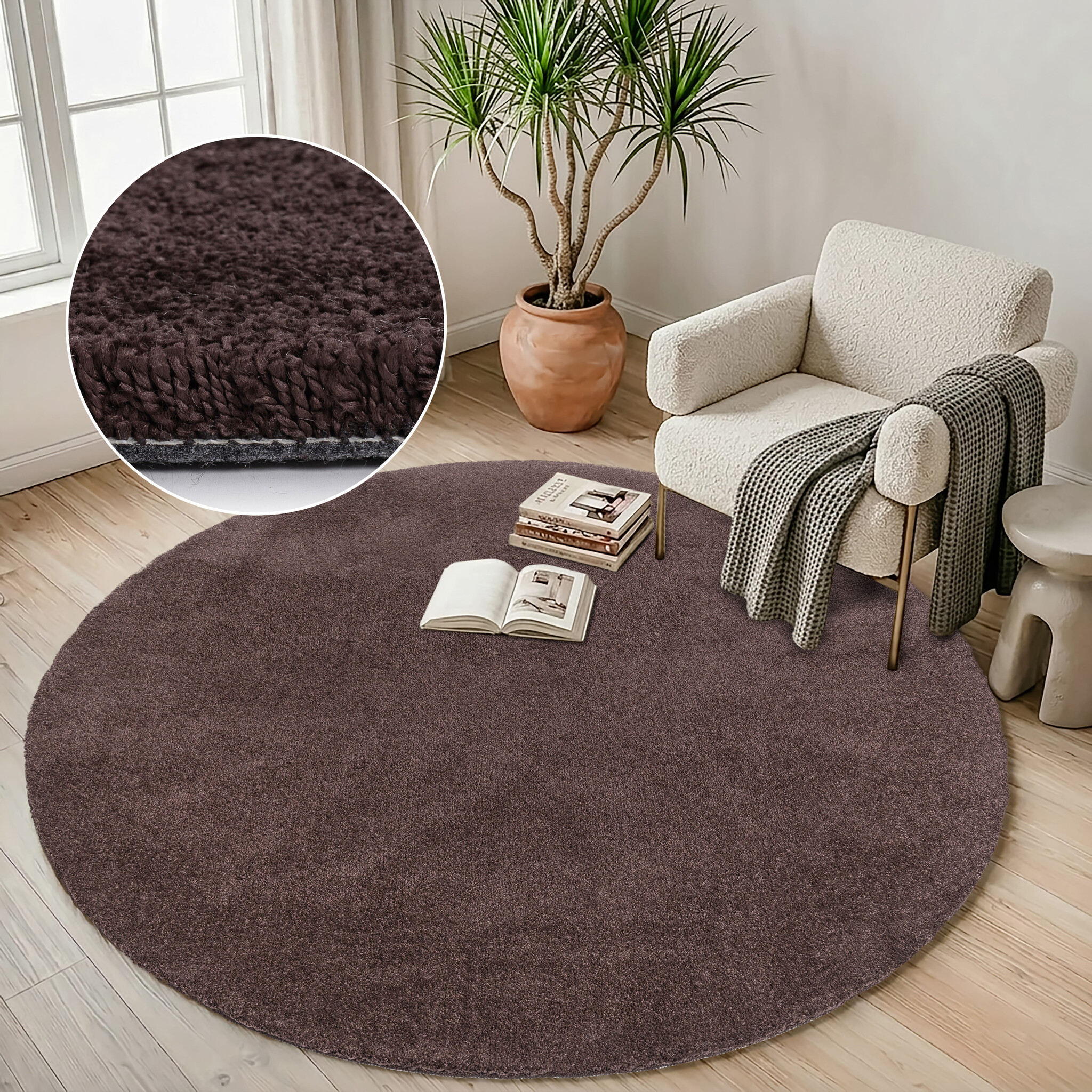 Comfy Premium - Rond Luxe Effen Vloerkleed Wasbaar Uni Bruin