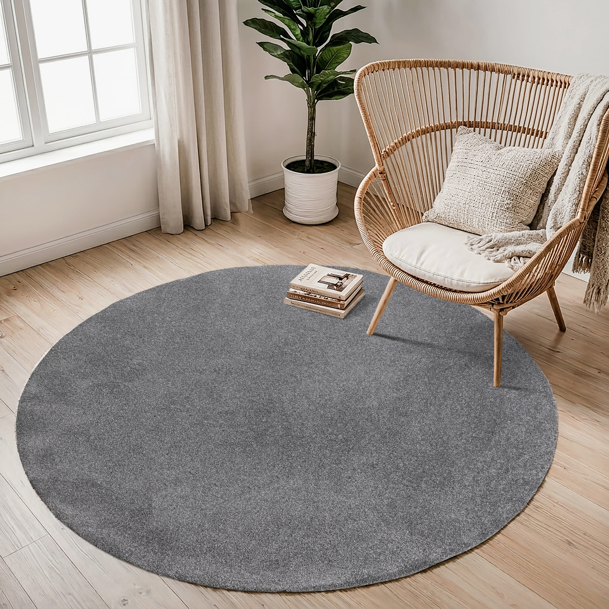Comfy Soft - Rond Effen Vloerkleed Wasbaar Uni Grijs