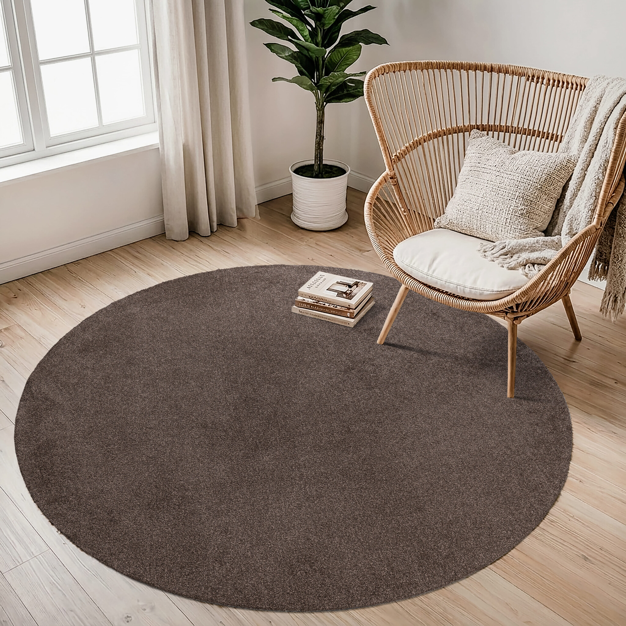 Comfy Soft - Rond Effen Vloerkleed Wasbaar Uni Bruin Donker Beige