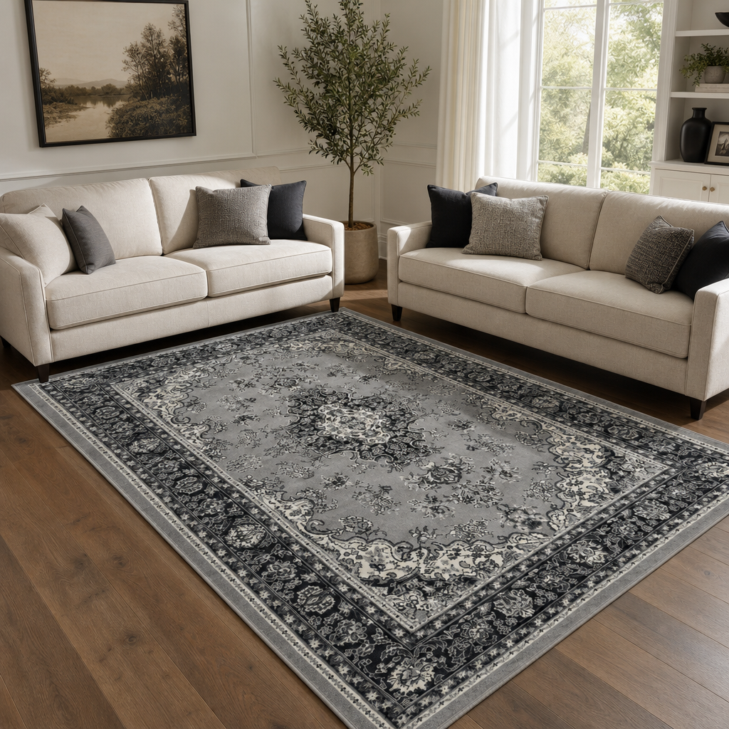 Nain Klassiek Vintage Oosters Vloerkleed Medaillon Grijs Zilver