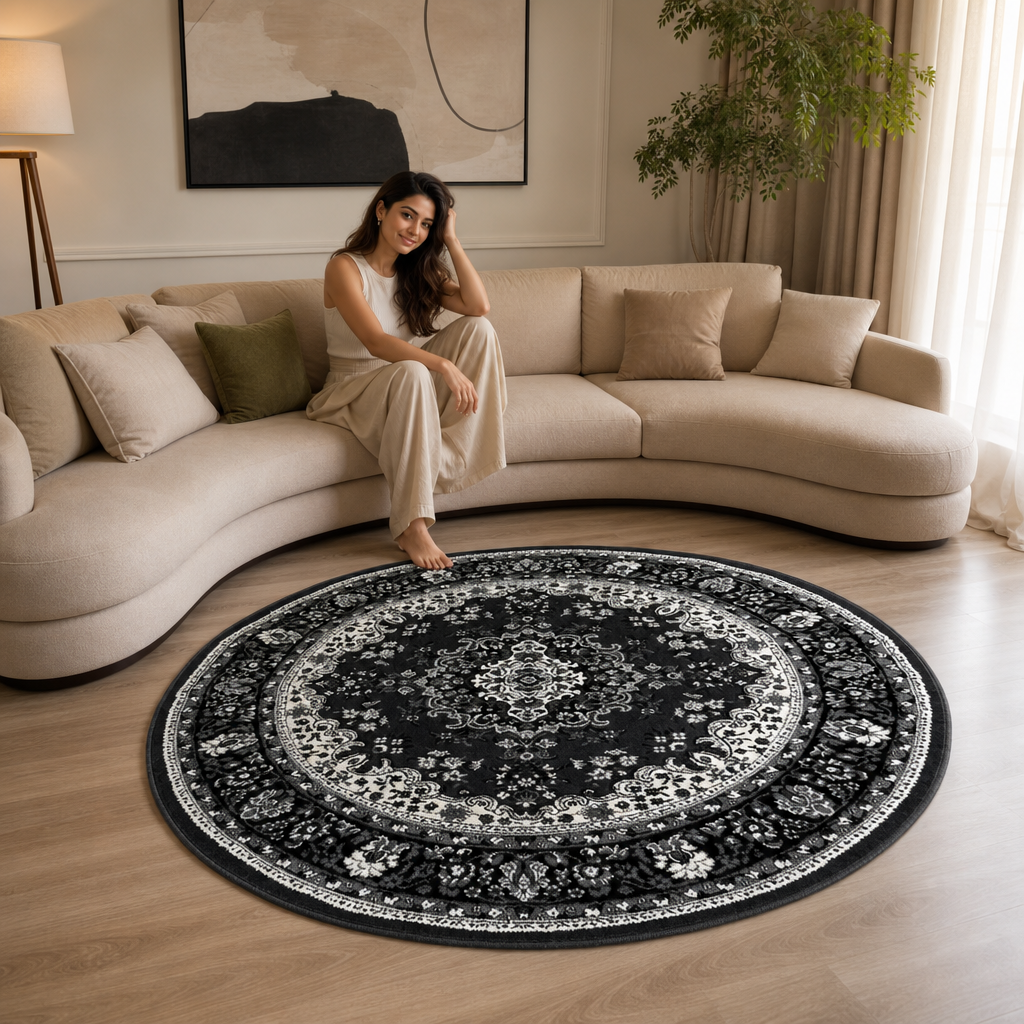 Nain Klassiek Rond Vintage Oosters Vloerkleed Medaillon Grijs