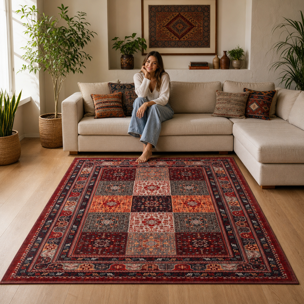 Artline Sultan Oosters Vloerkleed Rood Vintage Handgeknoopte Wol Look