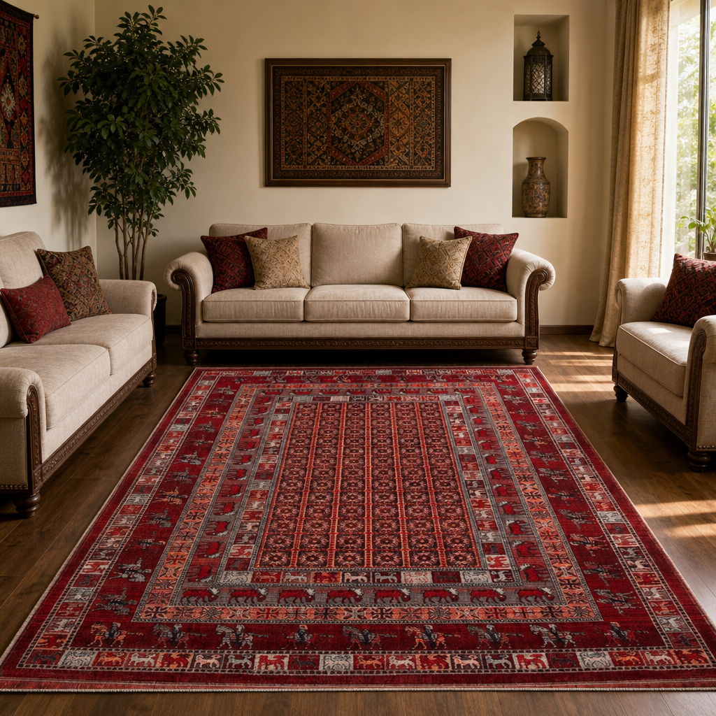 Artline Taj Oosters Vloerkleed Rood Vintage Handgeknoopte Wol Look