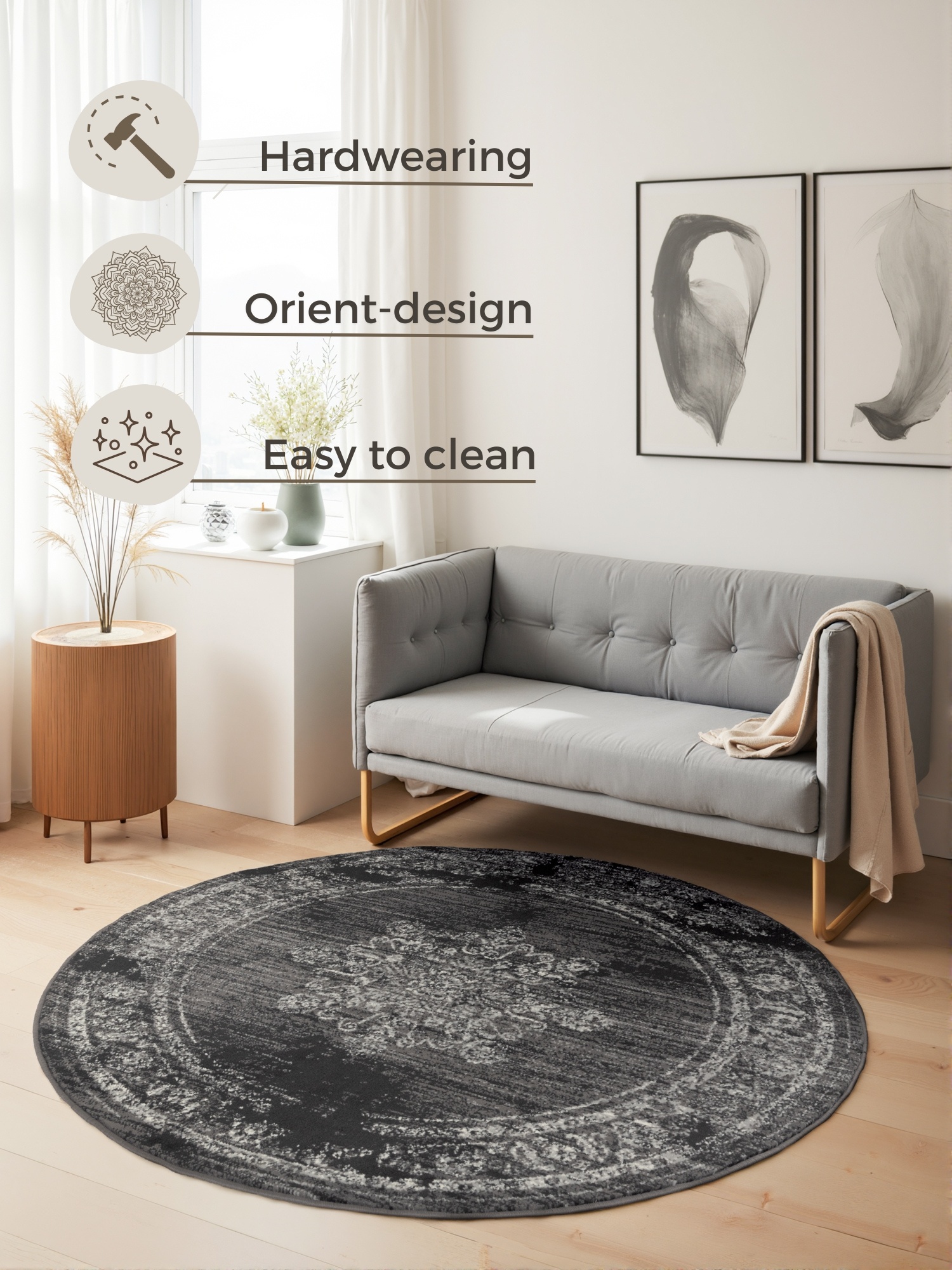 Vintage Rond Vloerkleed Gloria Grijs