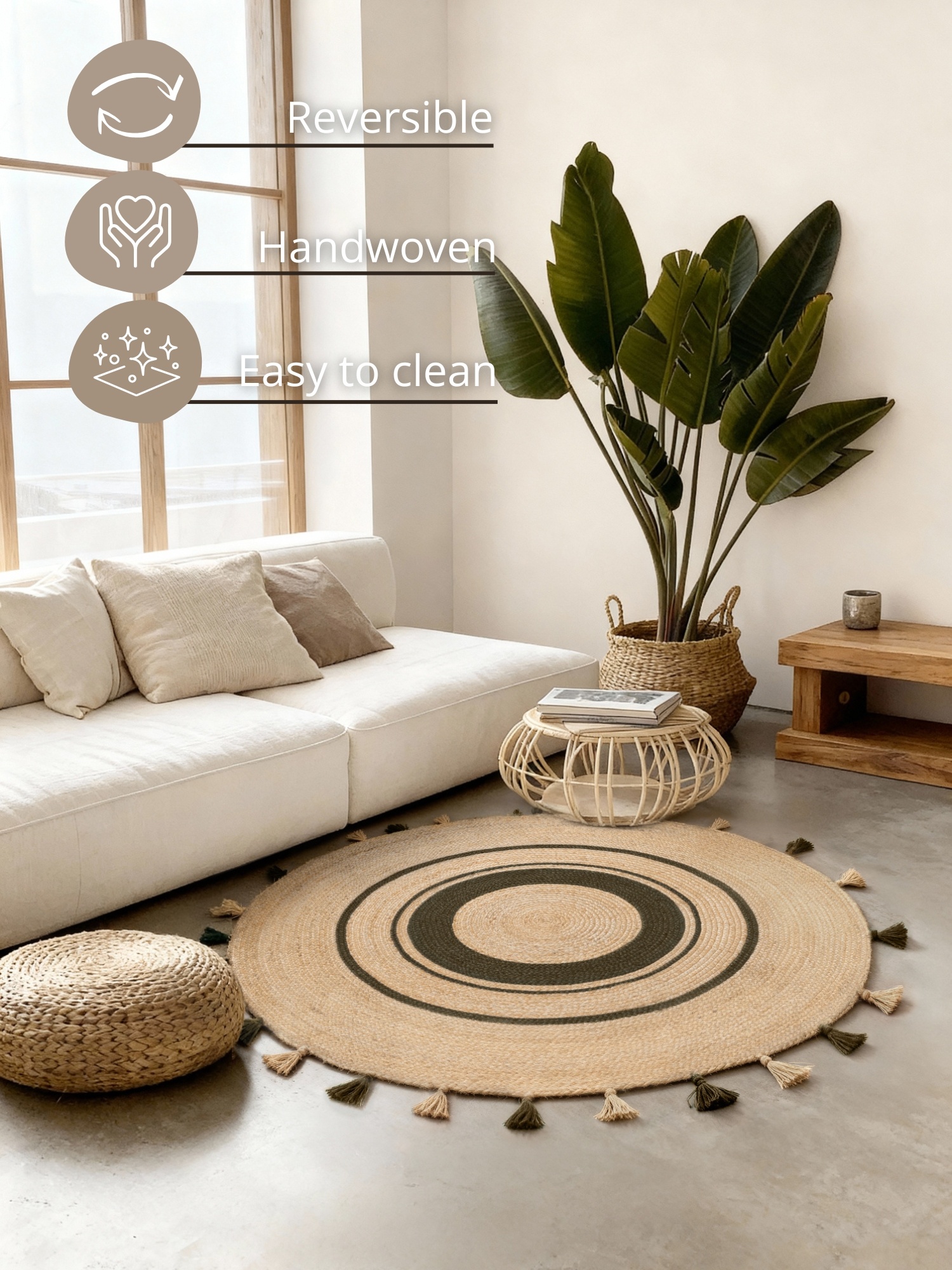 Rond Gevlochten Jute Vloerkleed Basil Creme