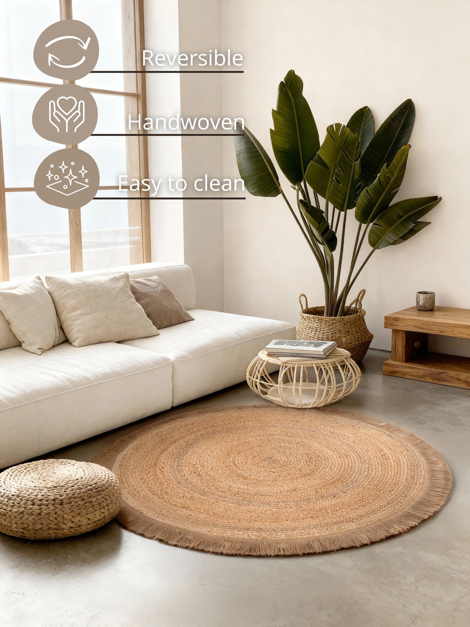 Rond Gevlochten Jute Vloerkleed Naturel Goud