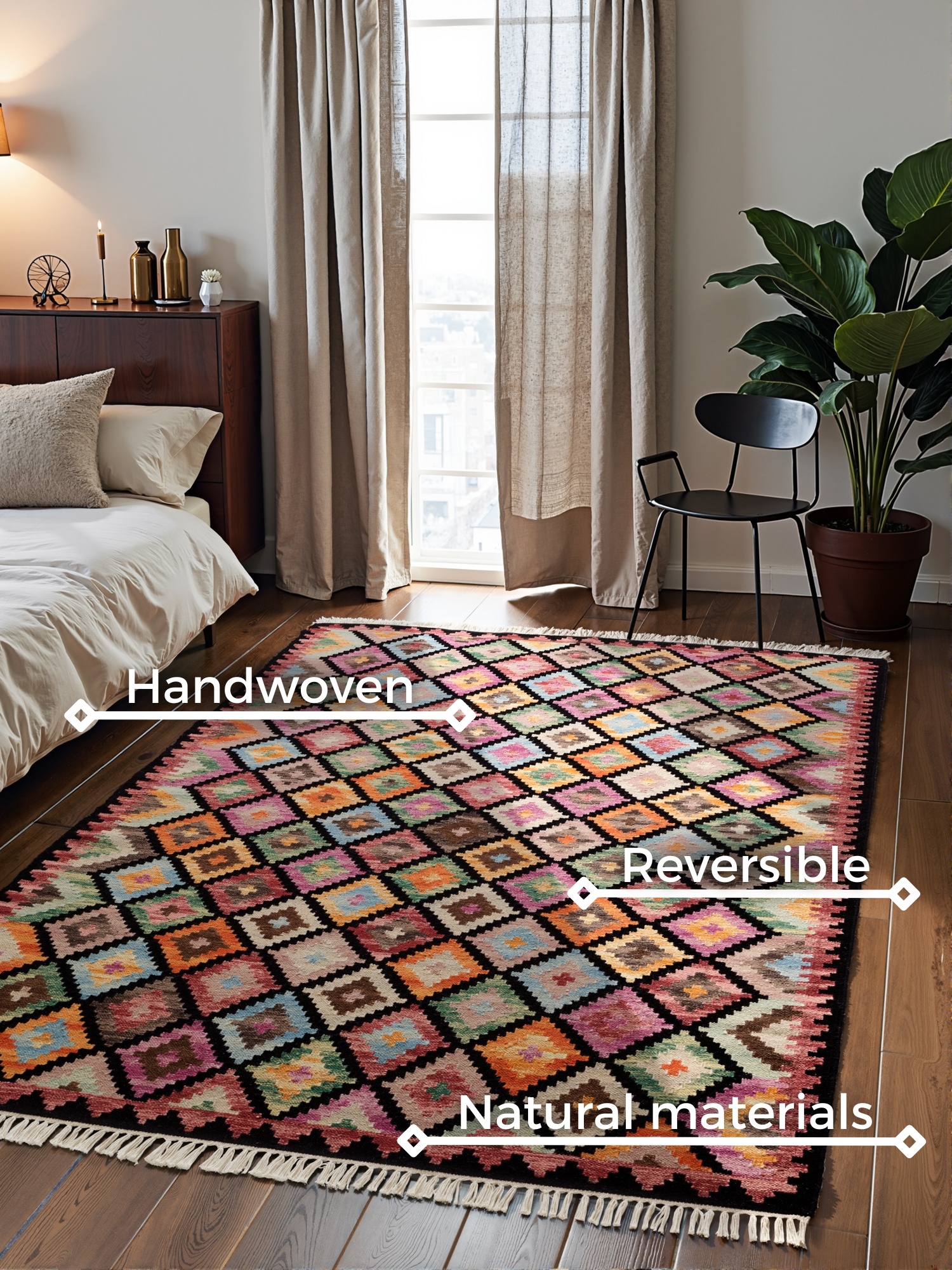 Afghaans Kelim Vloerkleed Zara Zwart Multikleur
