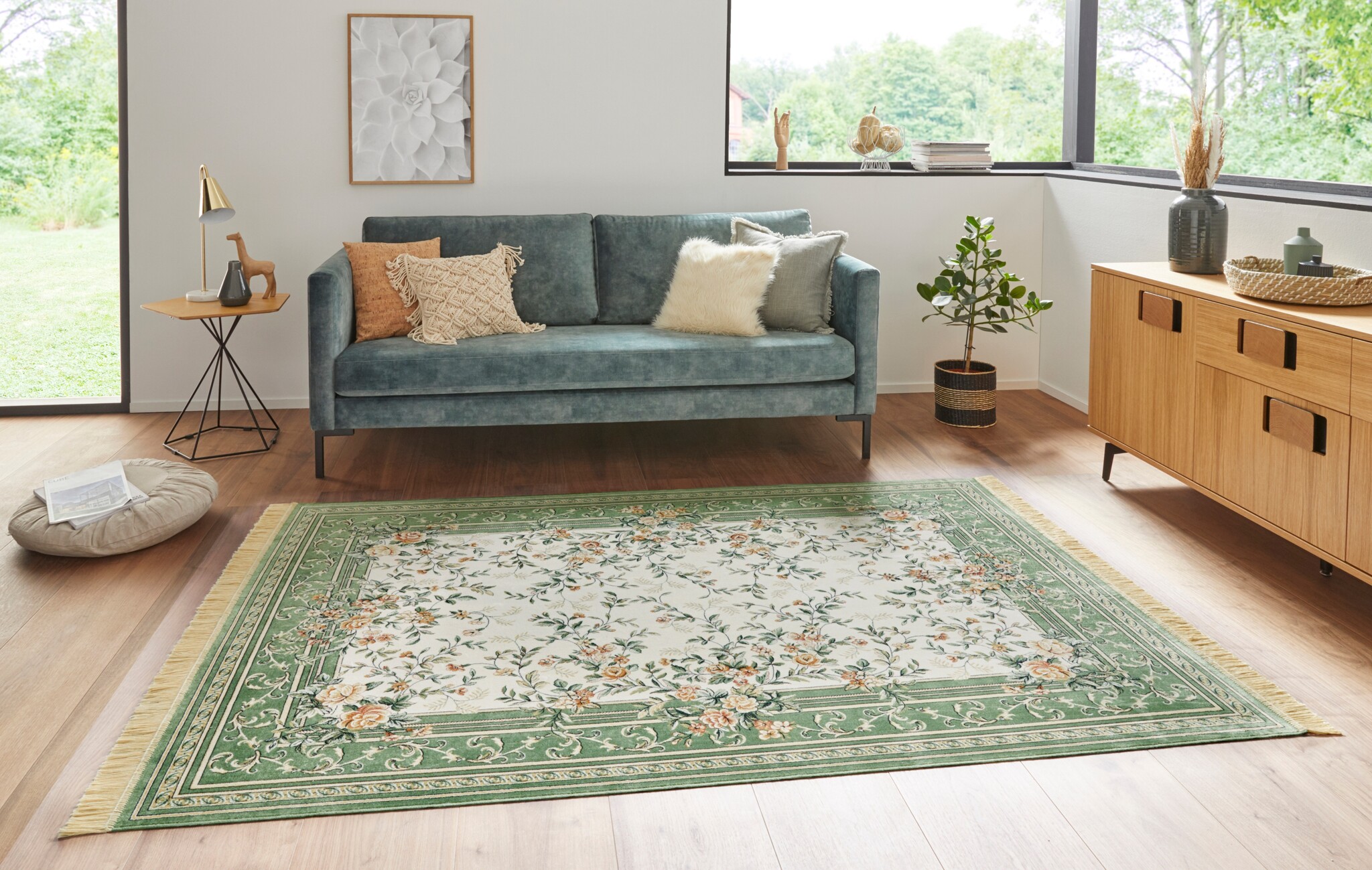 Oosters Velours Vloerkleed Antik Flowers Creme Groen