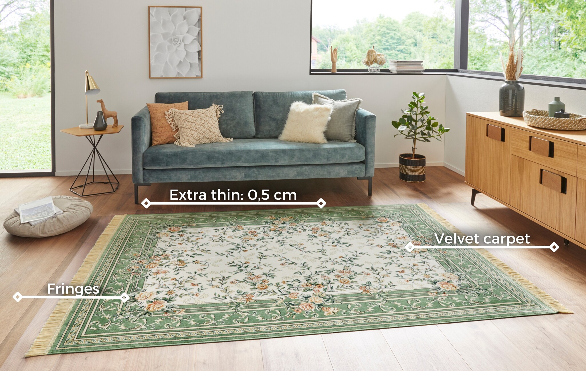 Oosters Velours Vloerkleed Antik Flowers Creme Groen