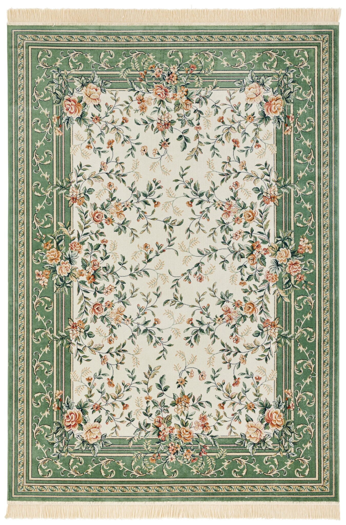 Oosters Velours Vloerkleed Antik Flowers Creme Groen