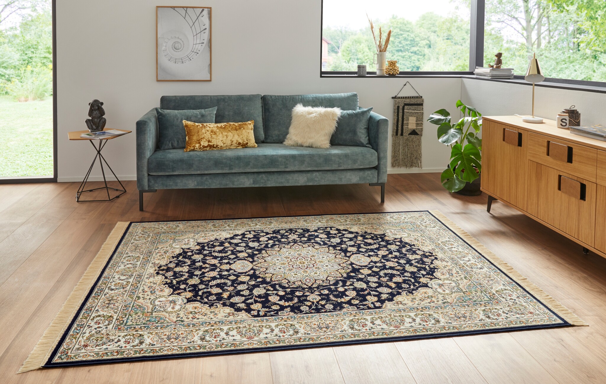 Oosters Velours Vloerkleed Antik Nain Donkerblauw Creme