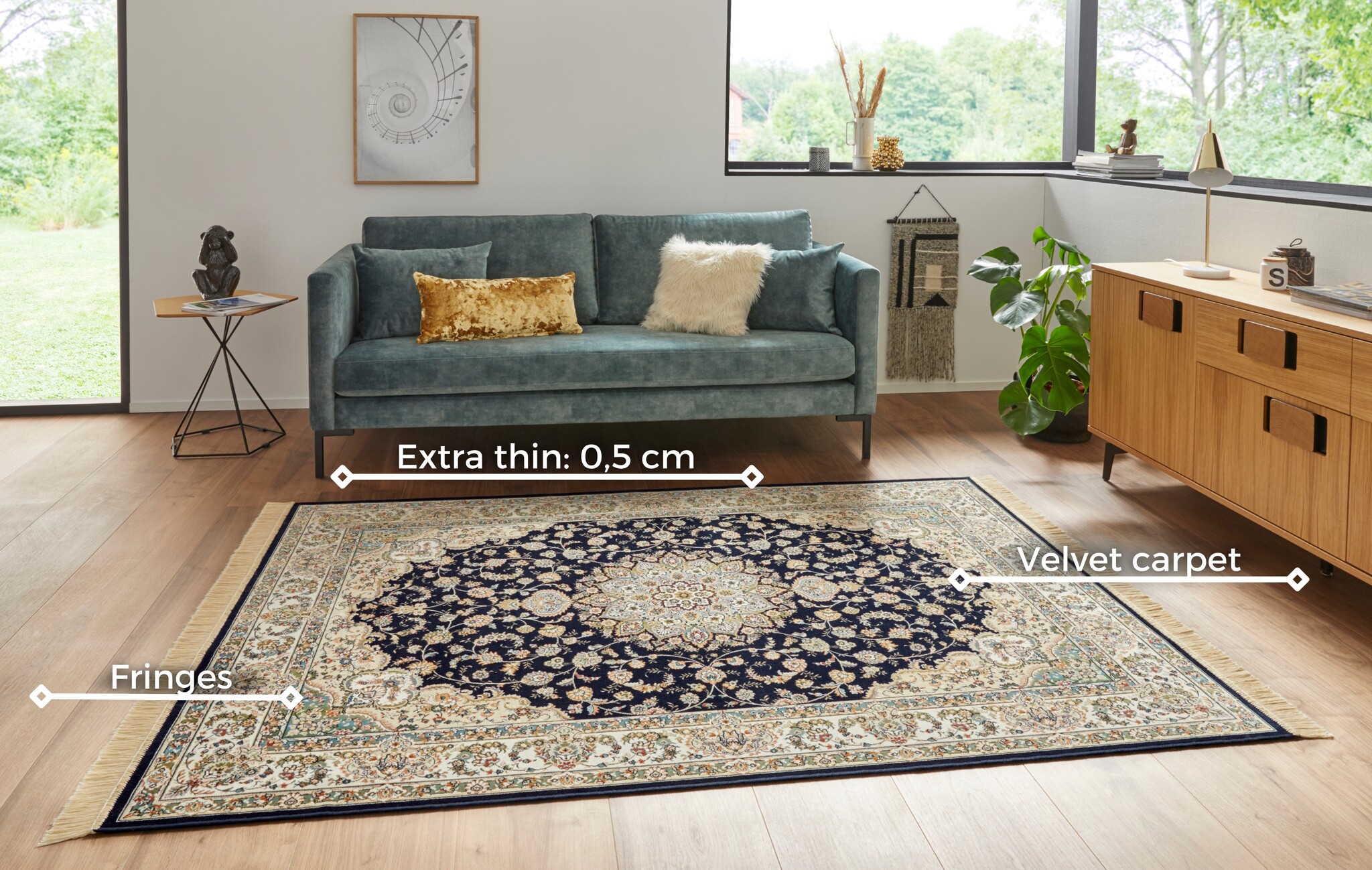 Oosters Velours Vloerkleed Antik Nain Donkerblauw Creme