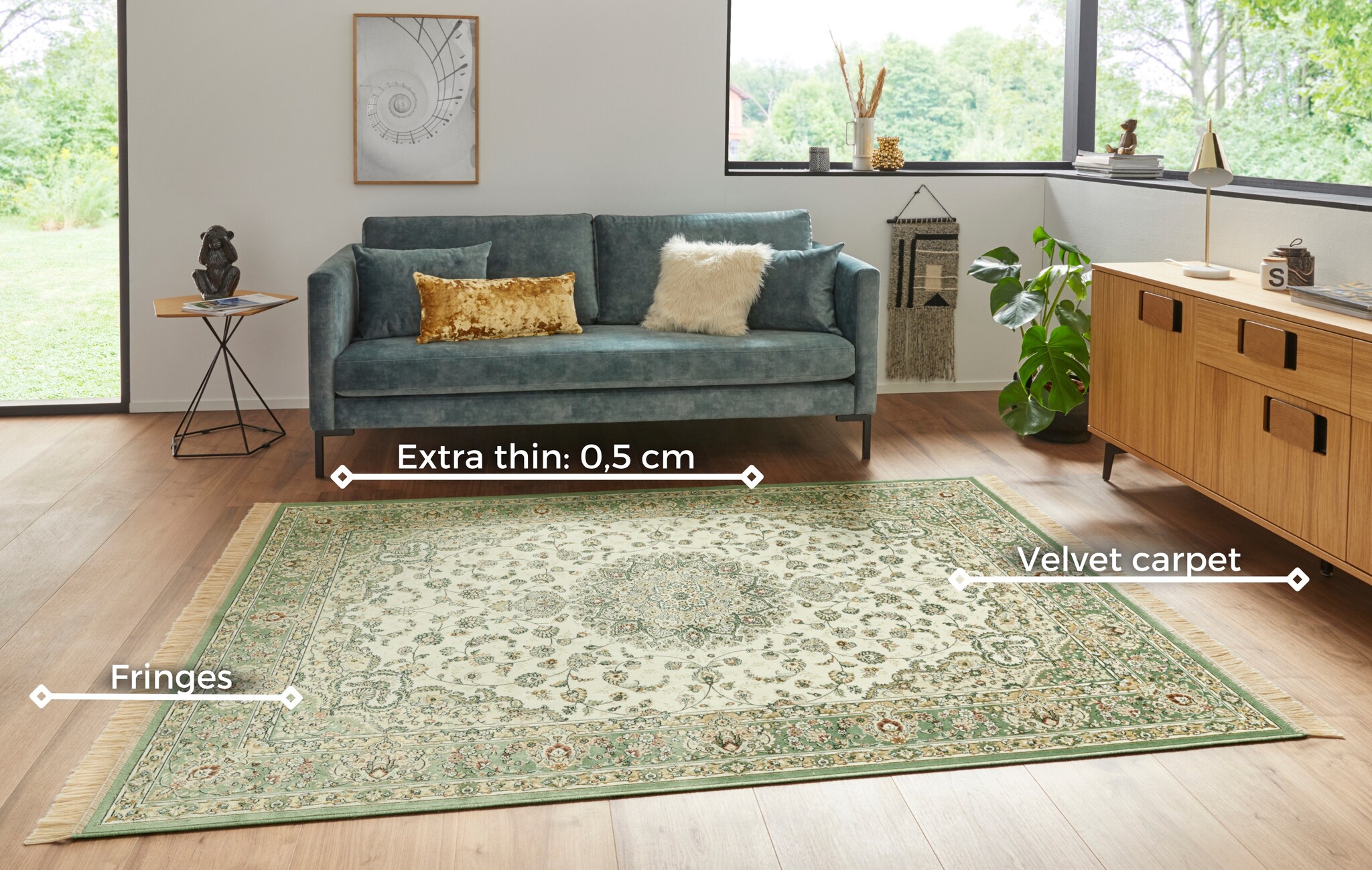 Oosters Velours Vloerkleed Antik Nain Creme Groen