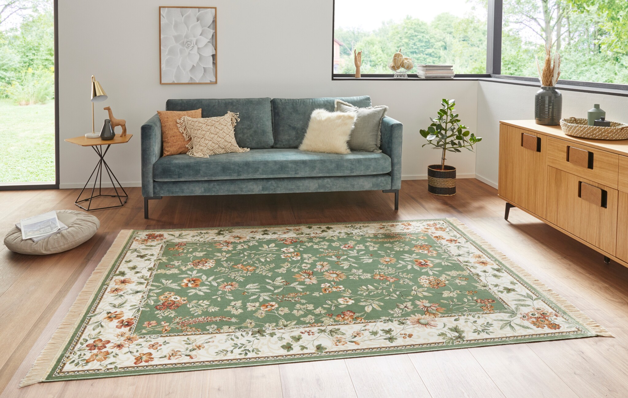 Oosters Velours Vloerkleed Flowers Groen