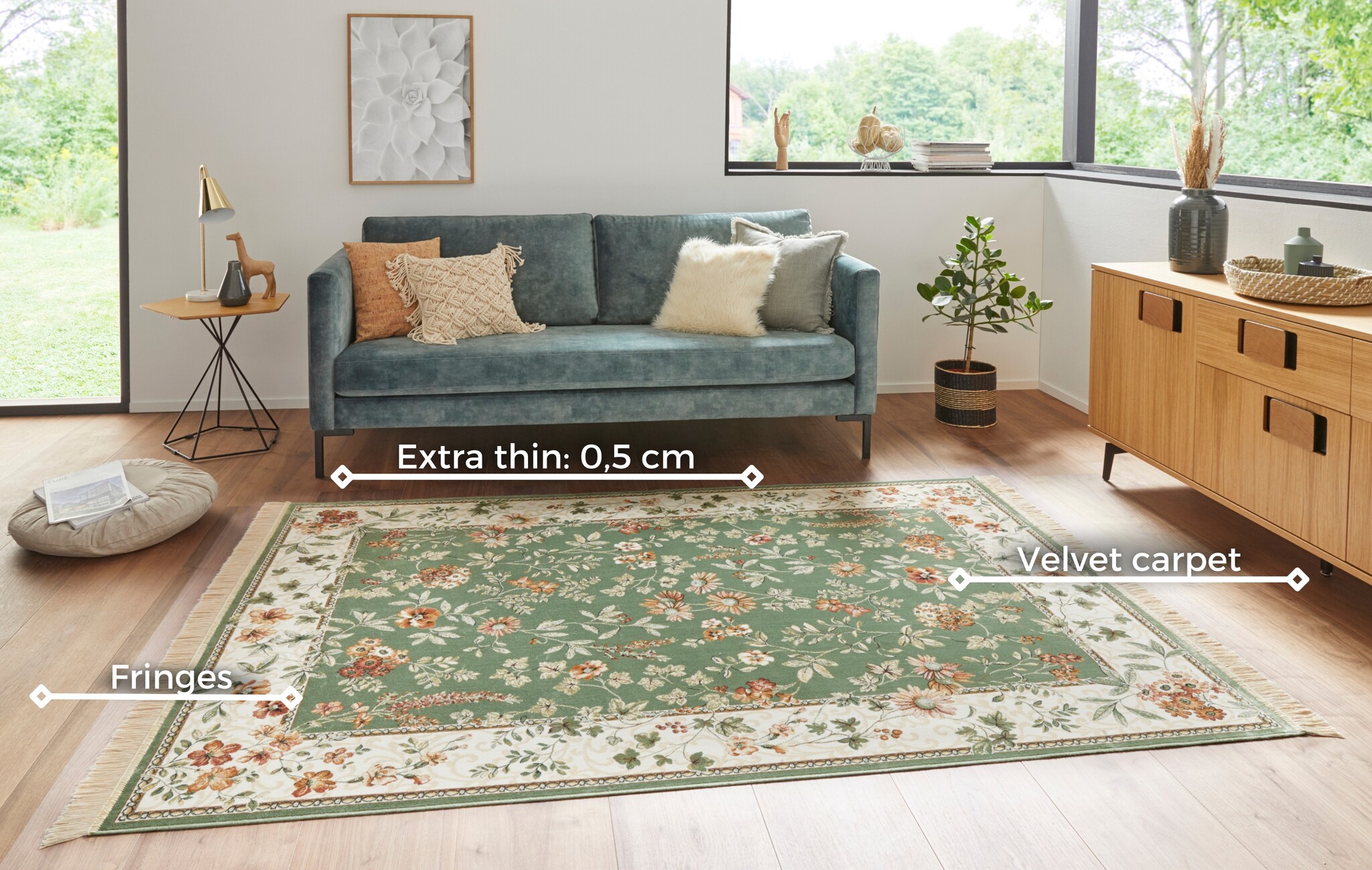 Oosters Velours Vloerkleed Flowers Groen