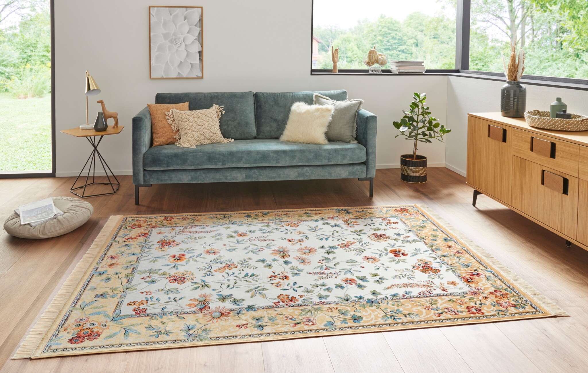 Oosters Velours Vloerkleed Flowers Creme