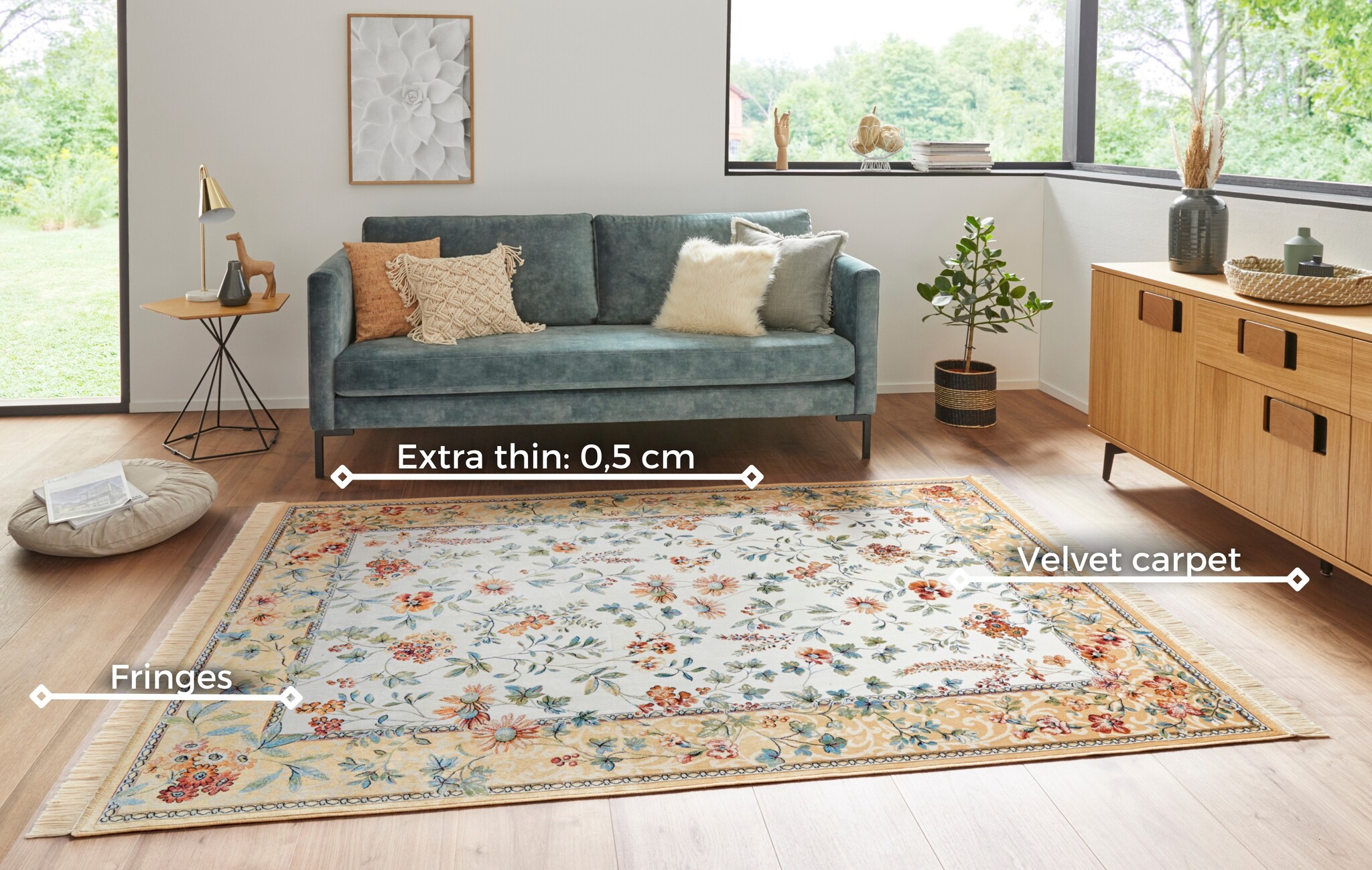 Oosters Velours Vloerkleed Flowers Creme