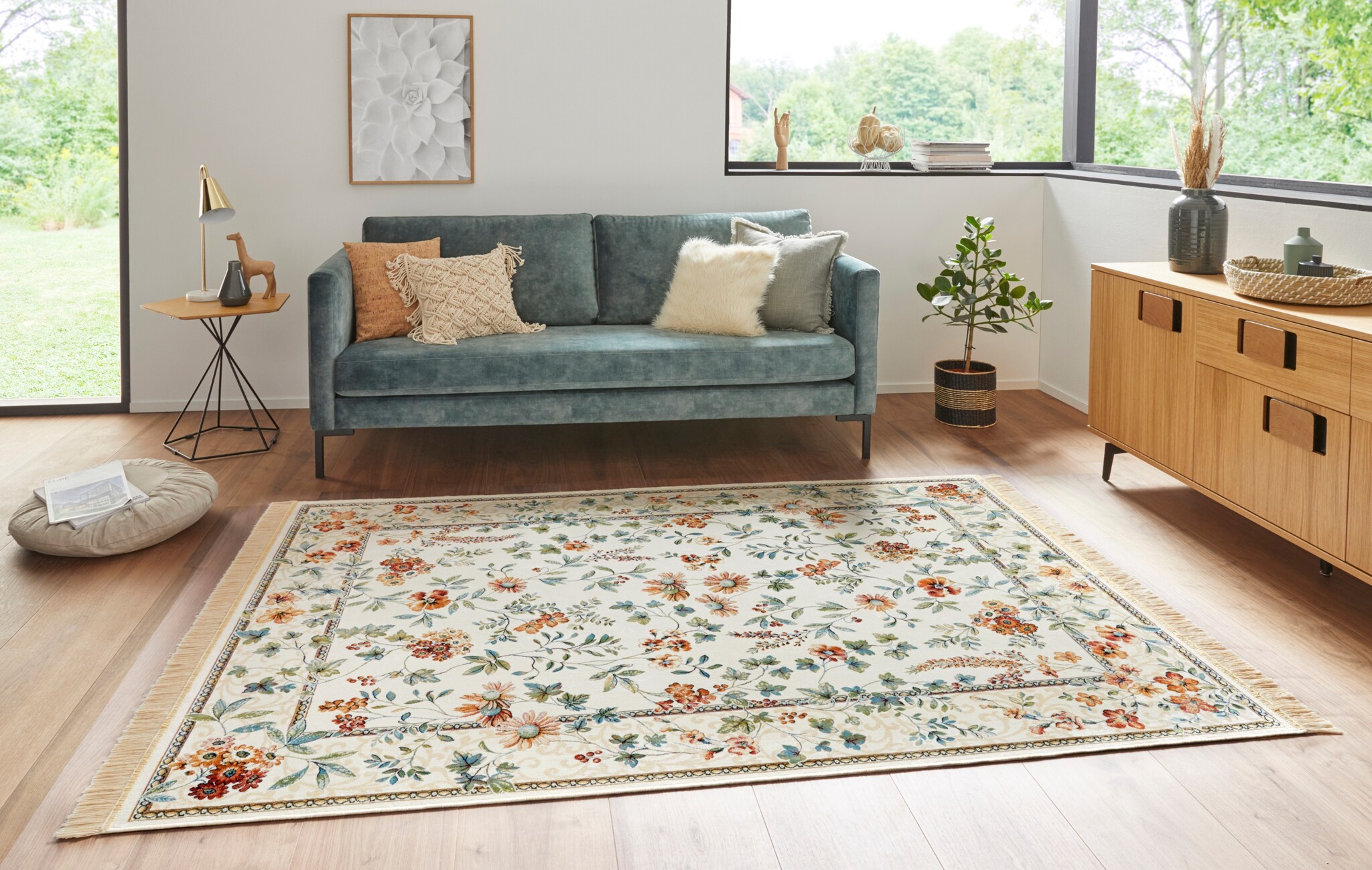 Oosters Velours Vloerkleed Flowers Creme