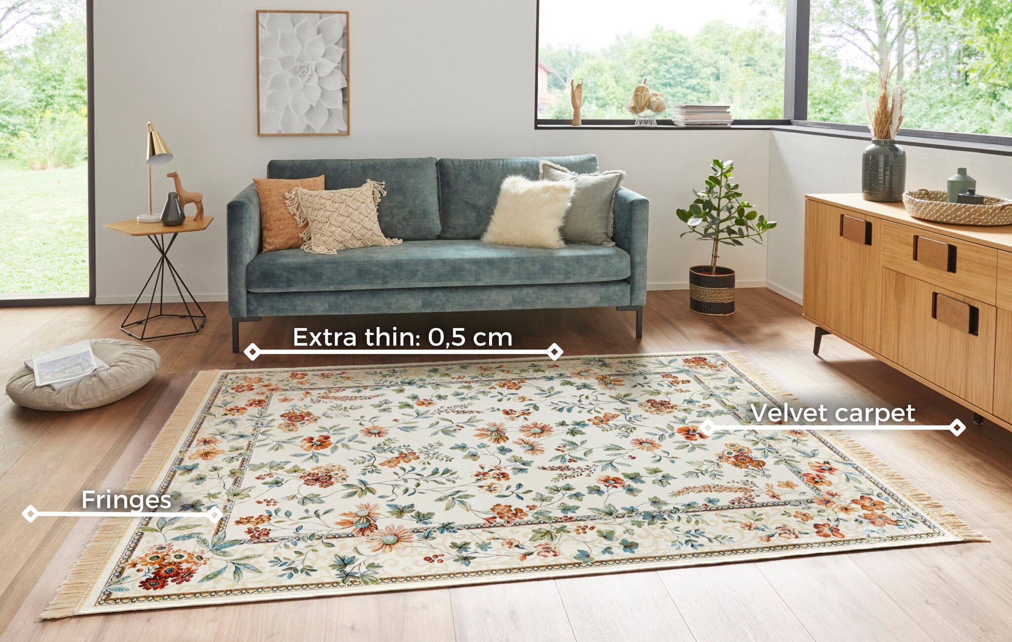 Oosters Velours Vloerkleed Flowers Creme