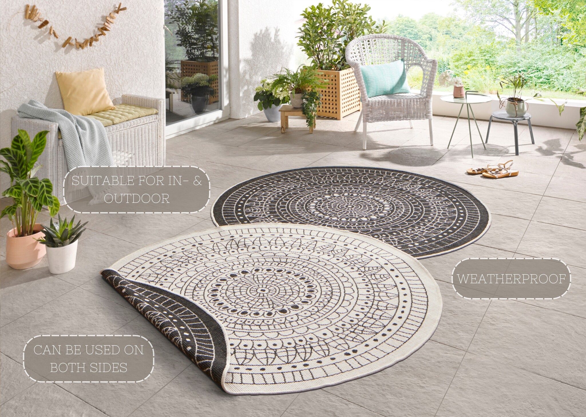 Buitenkleed Porto Rond Zwart Creme