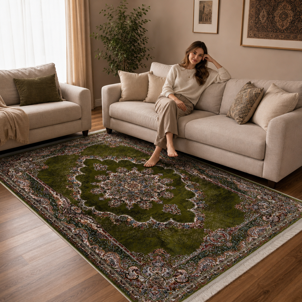 Isfahan Oosters Vloerkleed Klassiek Vintage Tapijt Groen