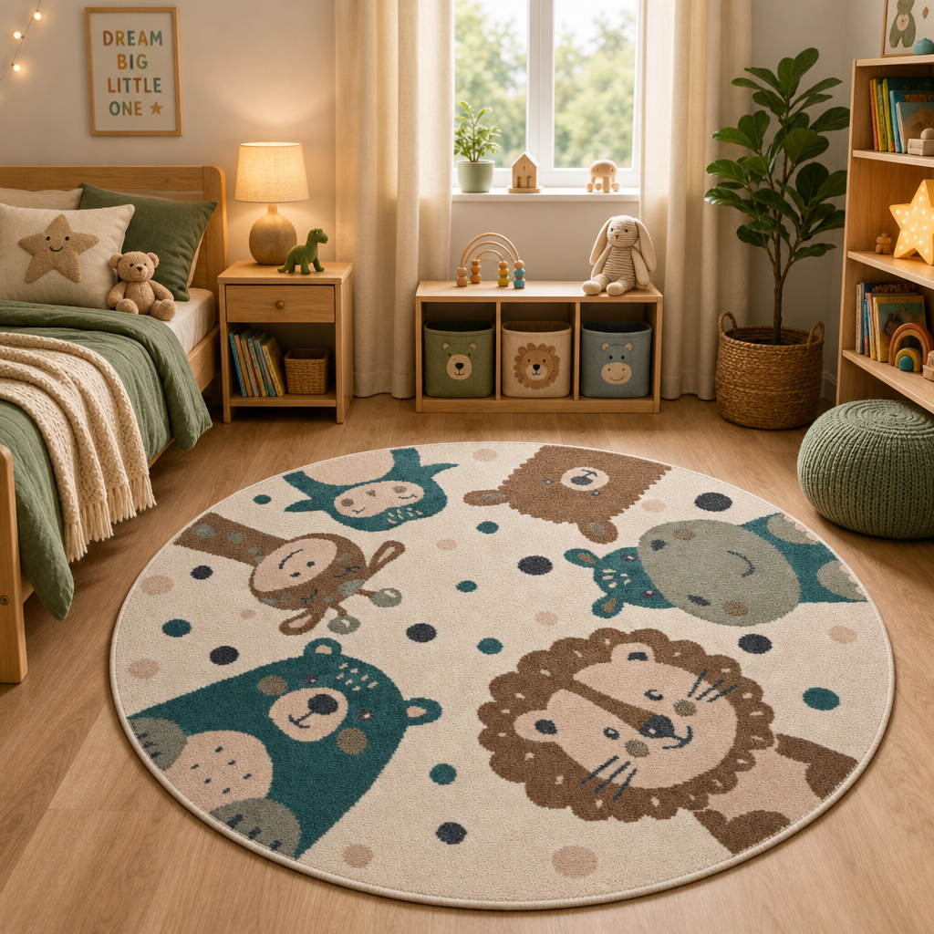 Kindervloerkleed Rond Animal Party Crème/Bruin