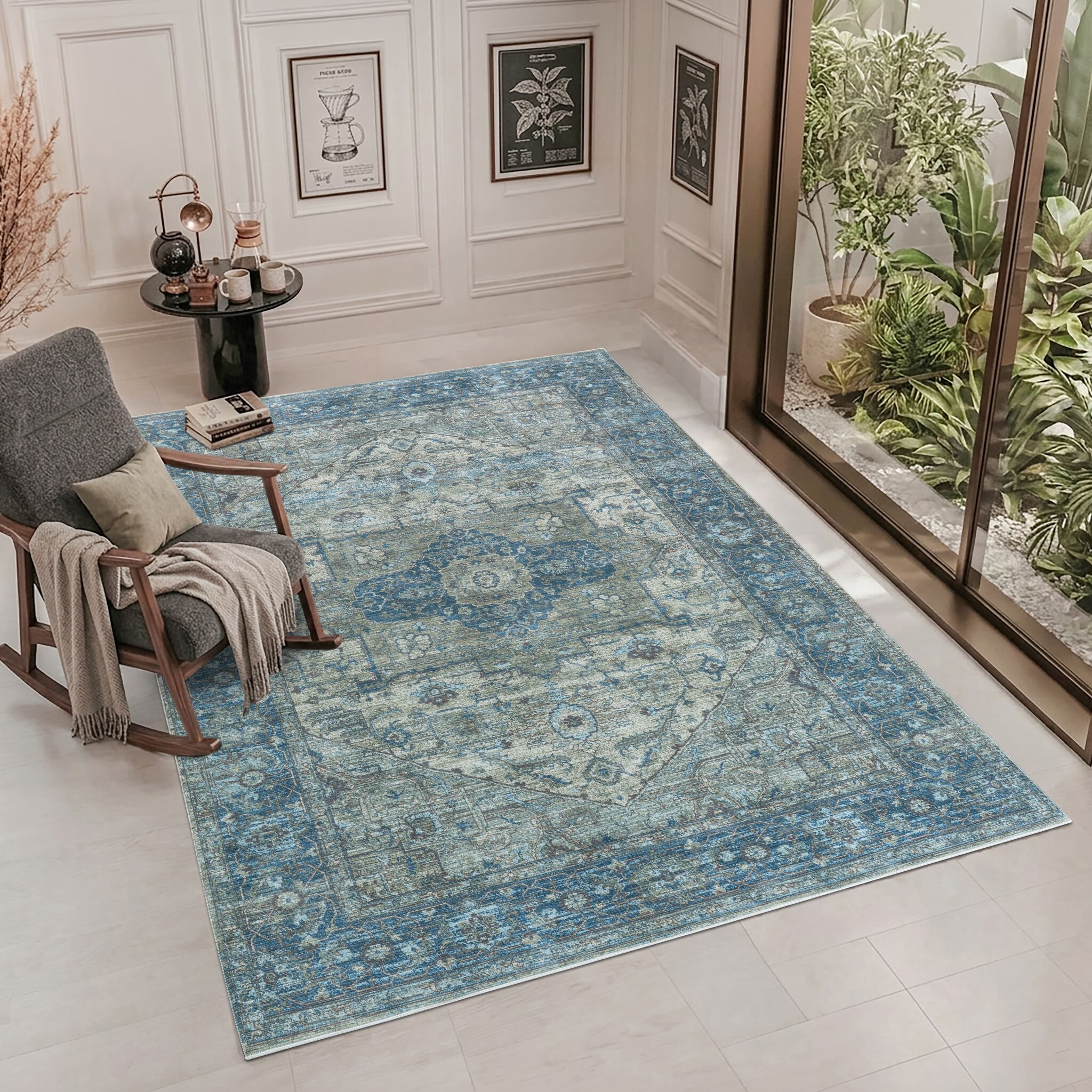Vintage Vloerkleed Blue Oasis Blauw Groen Multi Wasbaar