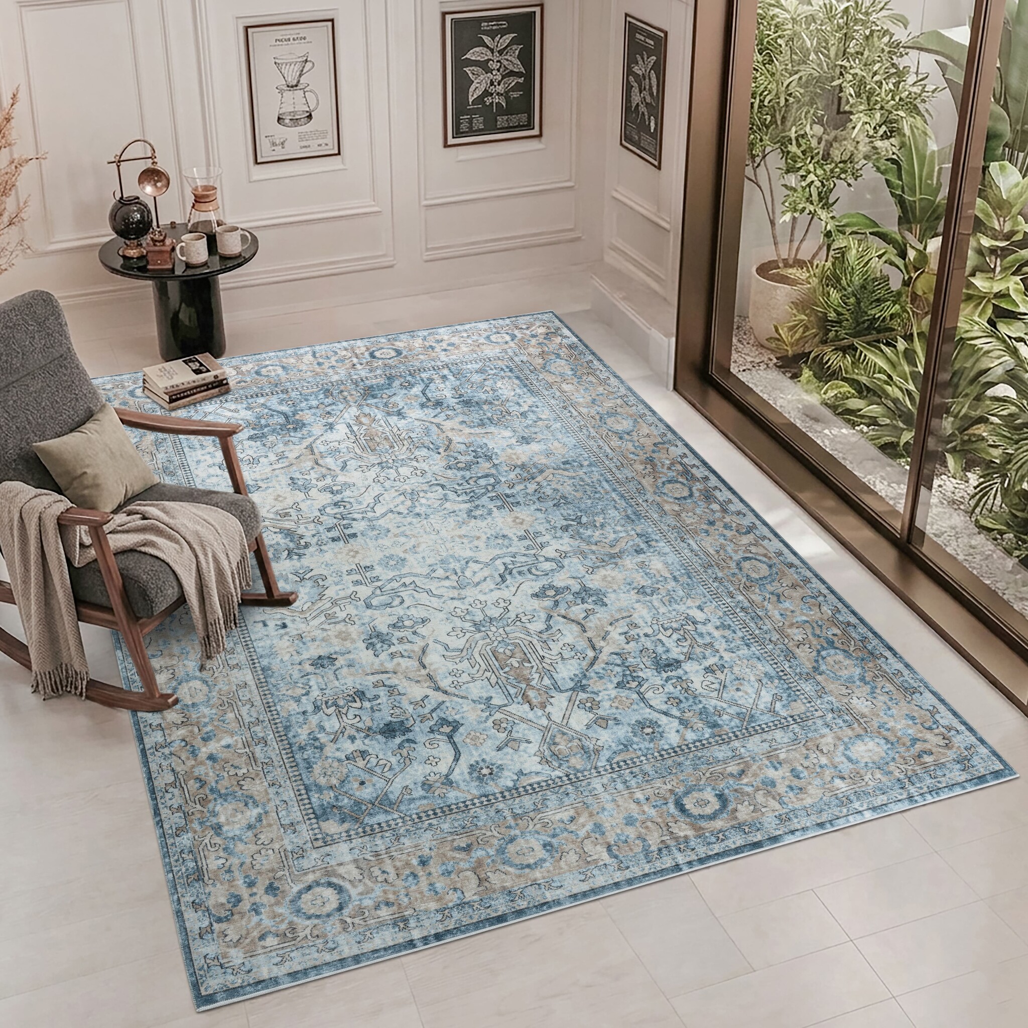 Vintage Vloerkleed Santorini Blauw Creme Multi Wasbaar
