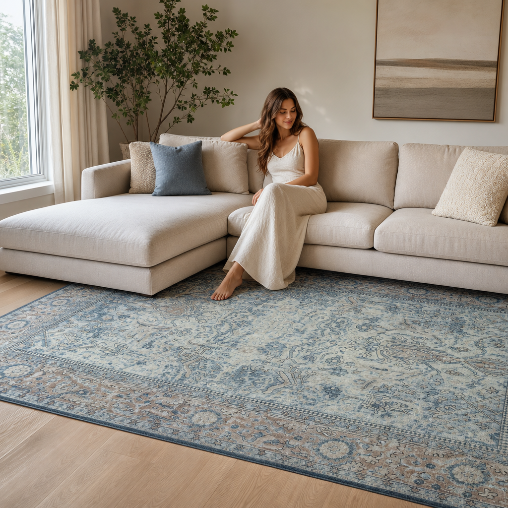 Vintage Vloerkleed Santorini Blauw Creme Multi Wasbaar