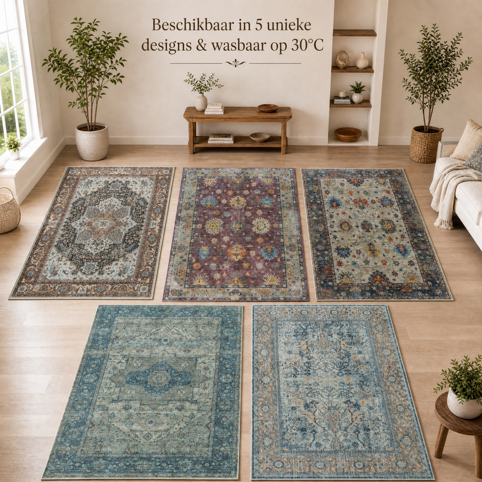 Vintage Vloerkleed Blue Oasis Blauw Groen Multi Wasbaar