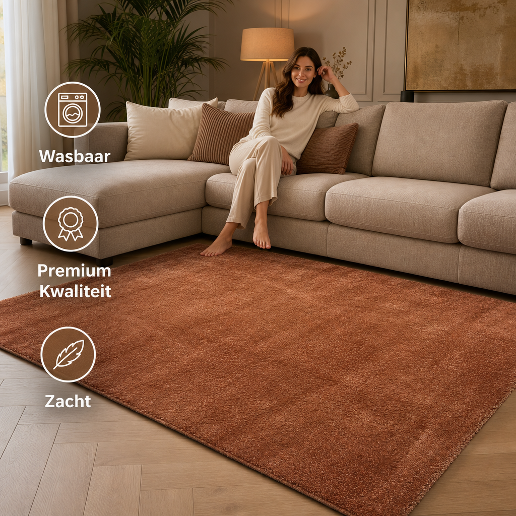 Comfy Premium - Luxe Effen Vloerkleed Wasbaar Uni Terra