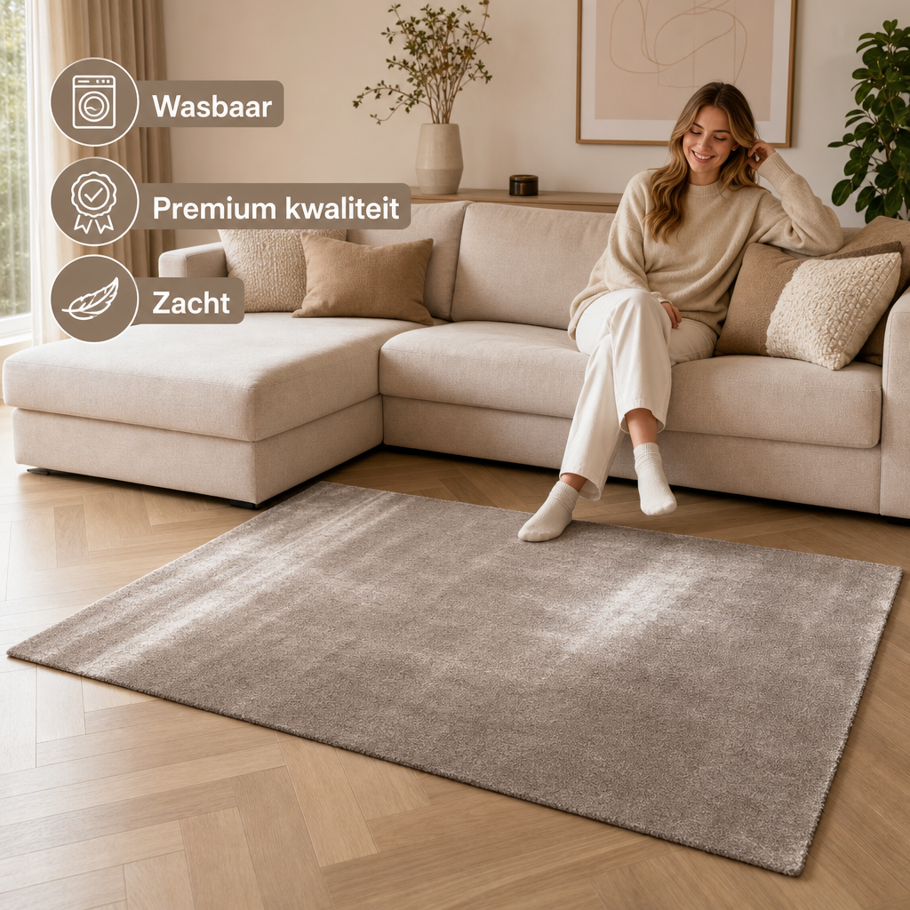 Comfy Premium - Luxe Effen Vloerkleed Wasbaar Uni Taupe