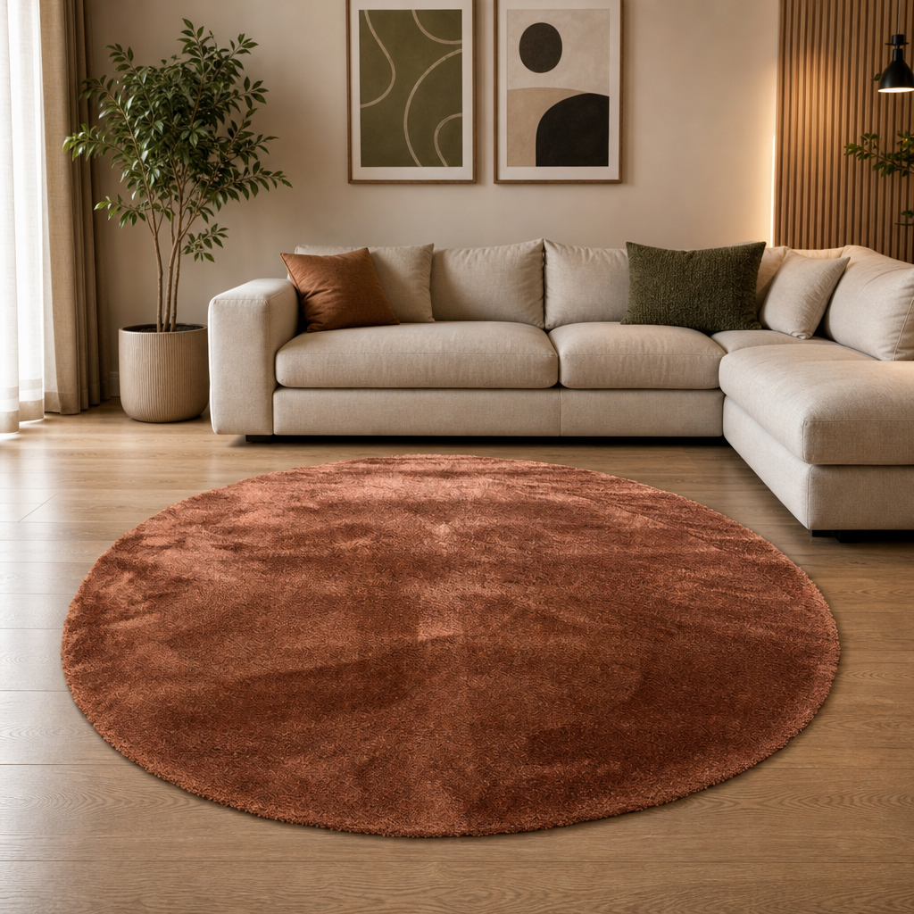 Comfy Premium - Rond Luxe Effen Vloerkleed Wasbaar Uni Terra