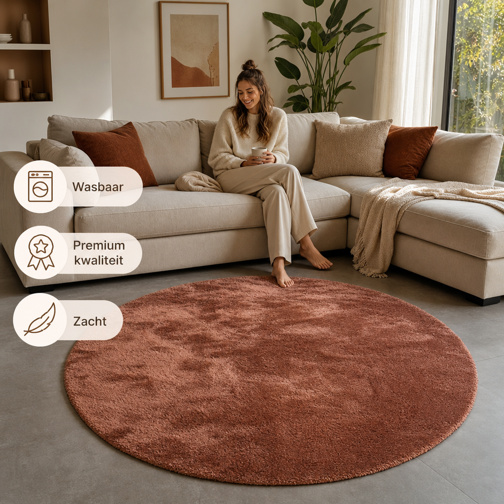 Comfy Premium - Rond Luxe Effen Vloerkleed Wasbaar Uni Terra