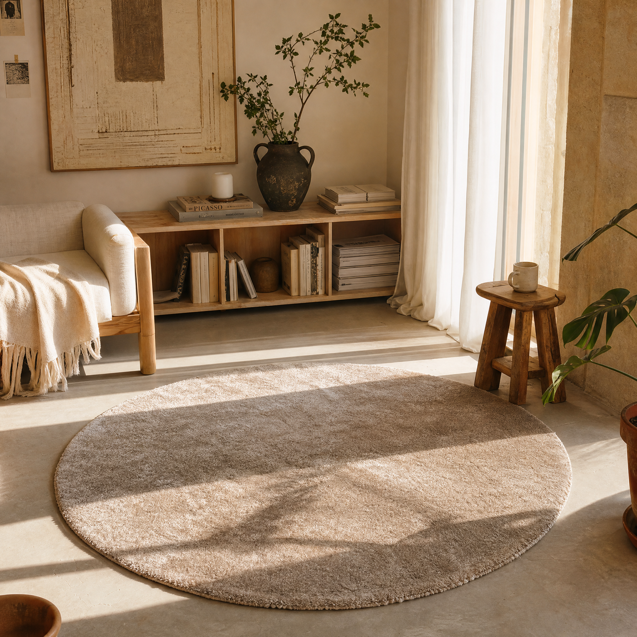 Comfy Premium - Rond Luxe Effen Vloerkleed Wasbaar Uni Beige