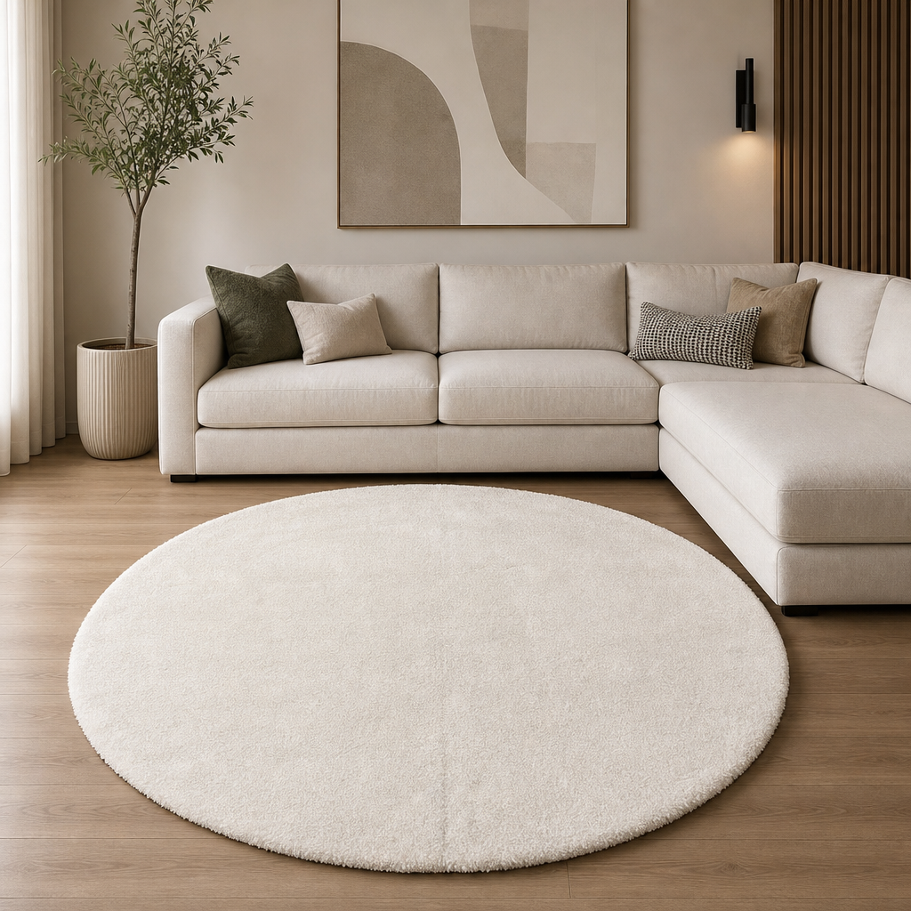 Comfy Premium - Rond Luxe Effen Vloerkleed Wasbaar Uni Creme