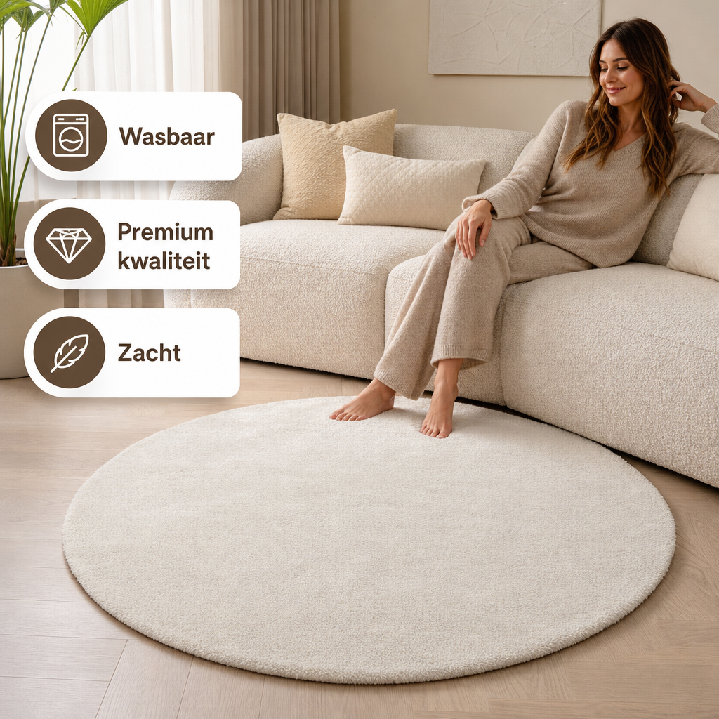 Comfy Premium - Rond Luxe Effen Vloerkleed Wasbaar Uni Creme