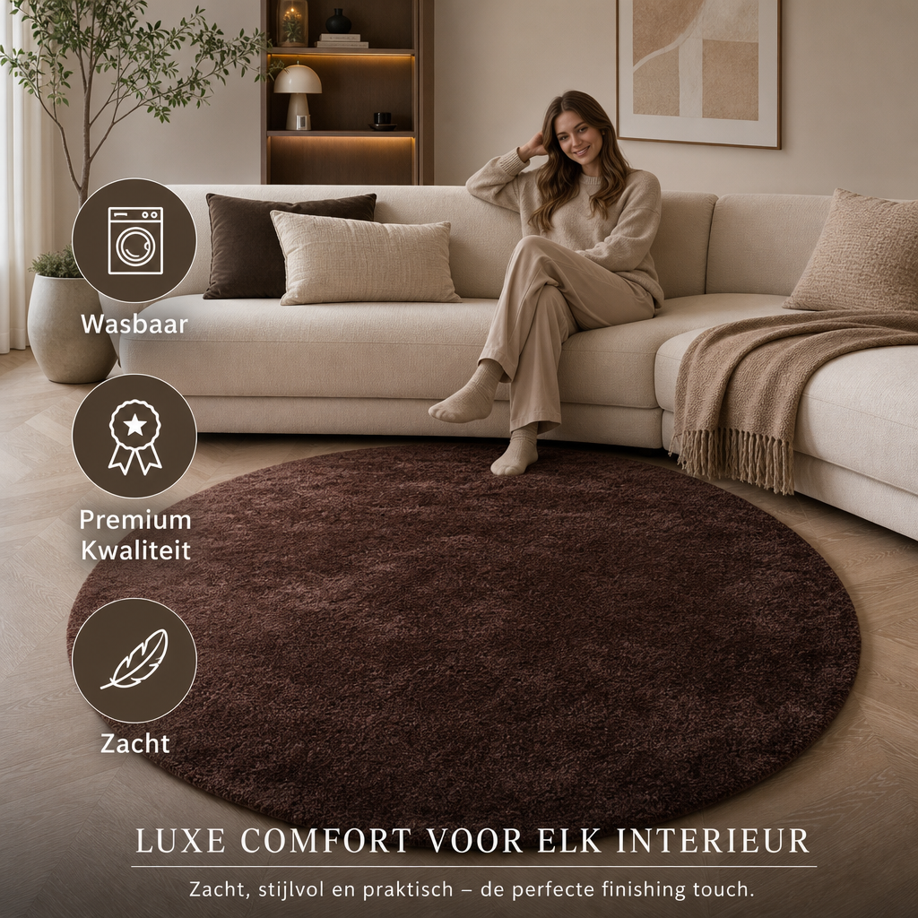 Comfy Premium - Rond Luxe Effen Vloerkleed Wasbaar Uni Bruin