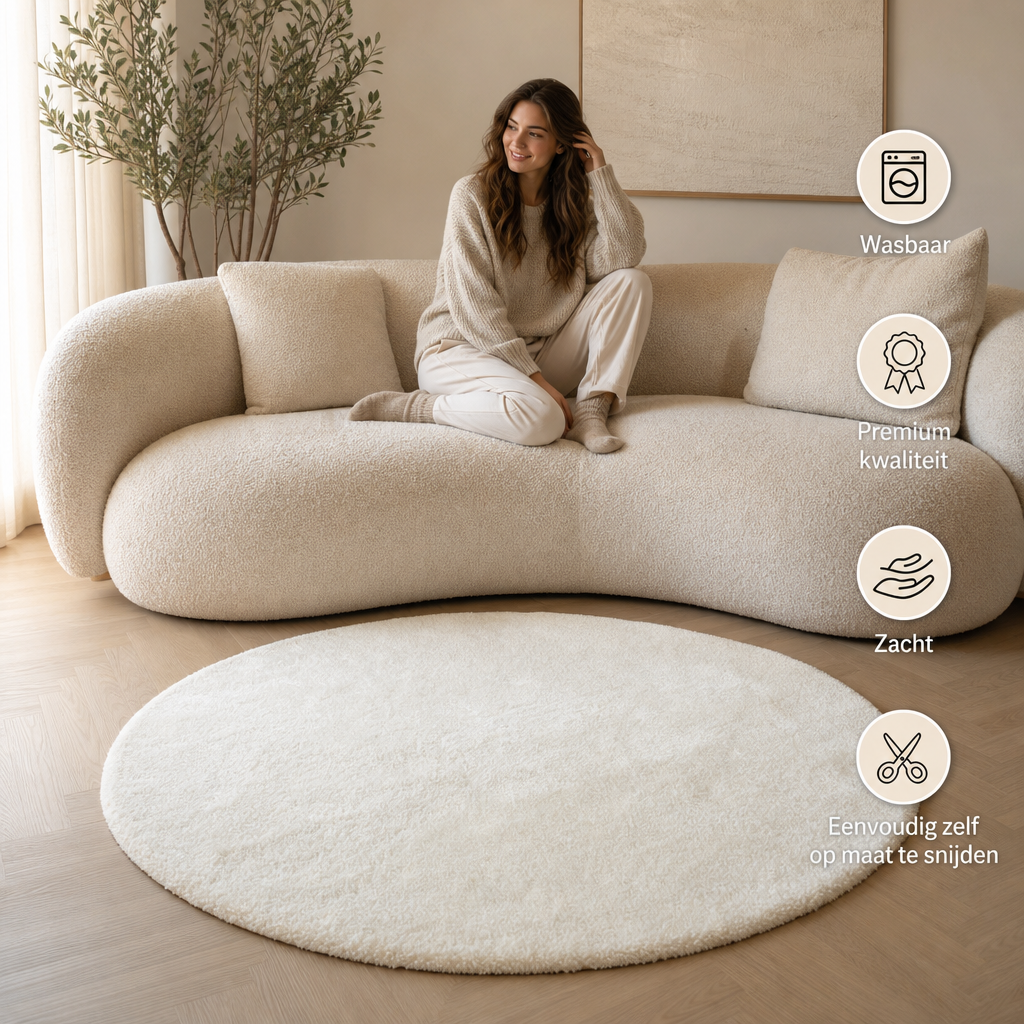 Comfy Soft - Rond Effen Vloerkleed Wasbaar Uni Creme