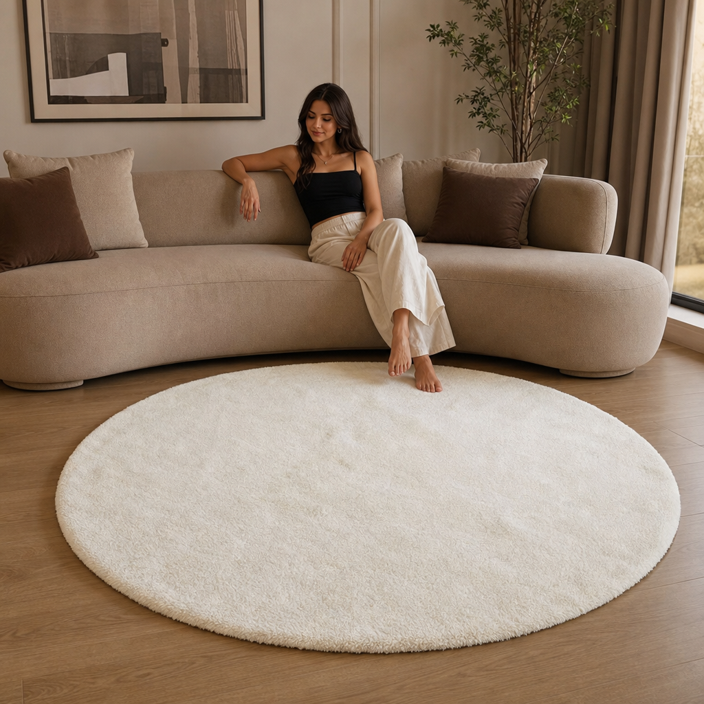 Comfy Soft - Rond Effen Vloerkleed Wasbaar Uni Creme