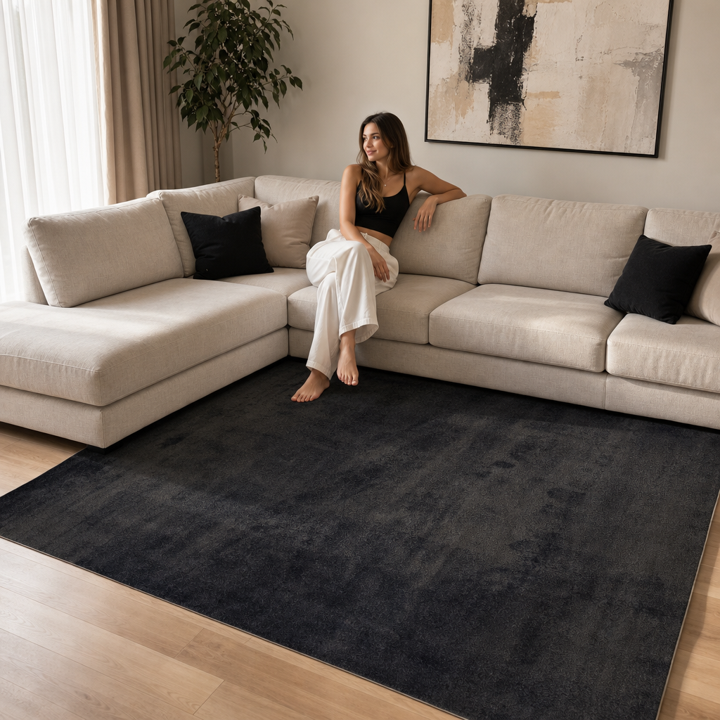 Comfy Soft - Effen Vloerkleed Wasbaar Uni Zwart