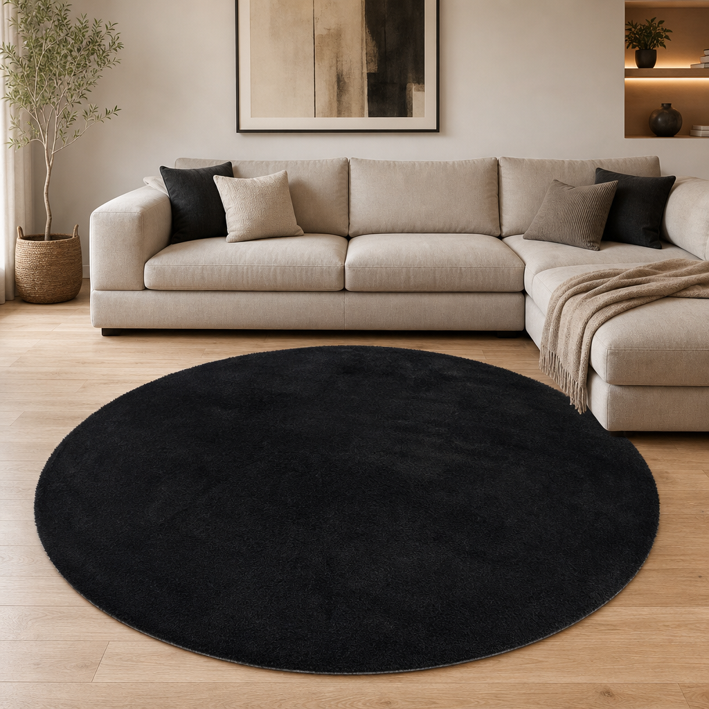 Comfy Soft - Rond Effen Vloerkleed Wasbaar Uni Zwart