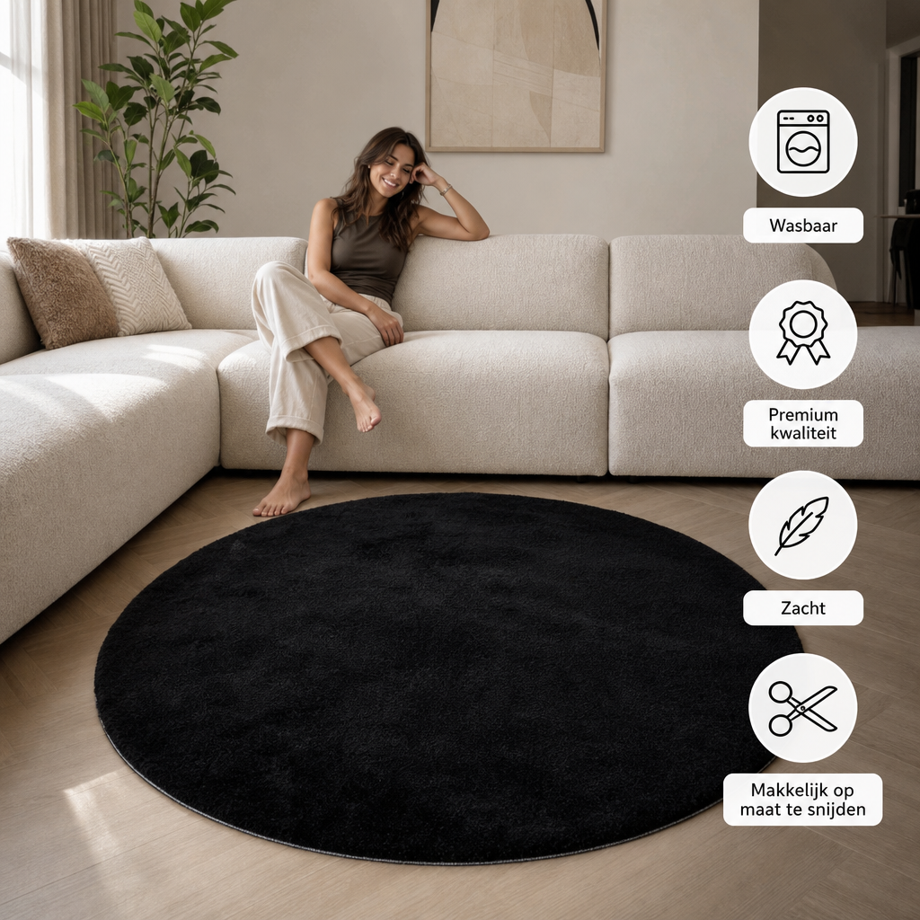 Comfy Soft - Rond Effen Vloerkleed Wasbaar Uni Zwart