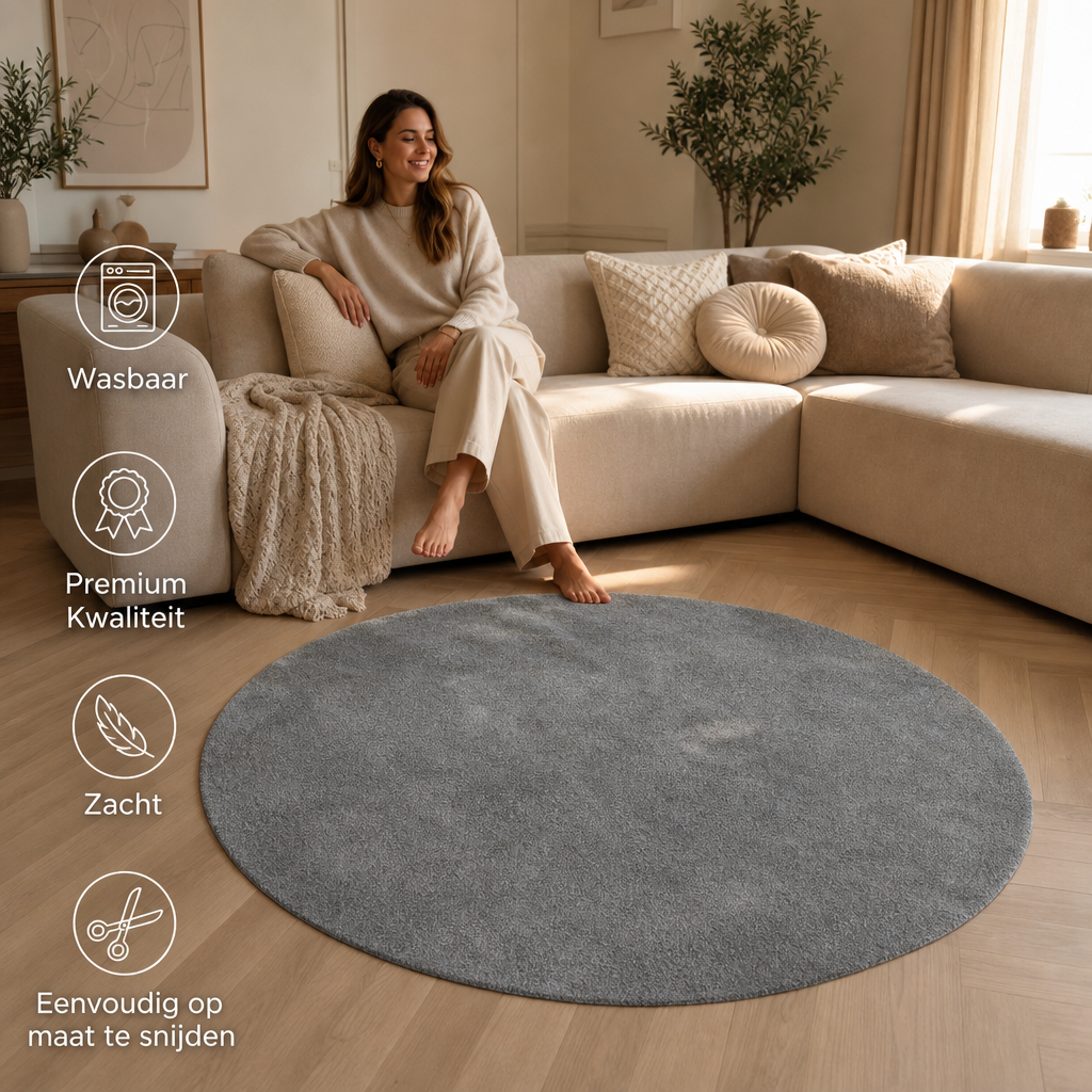 Comfy Soft - Rond Effen Vloerkleed Wasbaar Uni Grijs