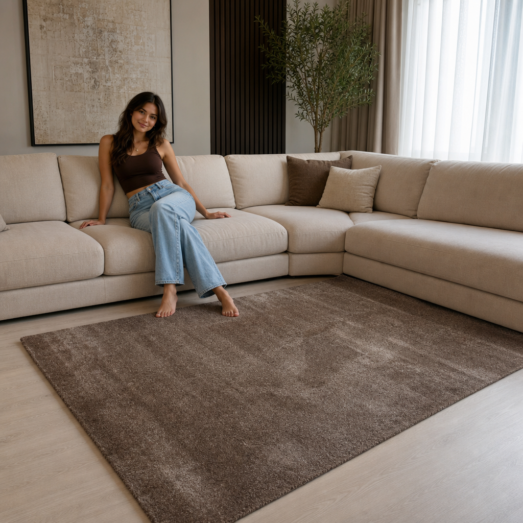 Comfy Soft - Effen Vloerkleed Wasbaar Uni Bruin Donker Beige