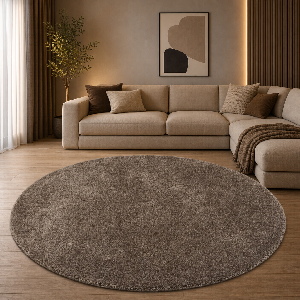 Comfy Soft - Rond Effen Vloerkleed Wasbaar Uni Bruin Donker Beige