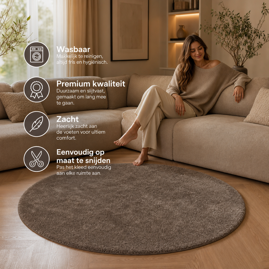 Comfy Soft - Rond Effen Vloerkleed Wasbaar Uni Bruin Donker Beige